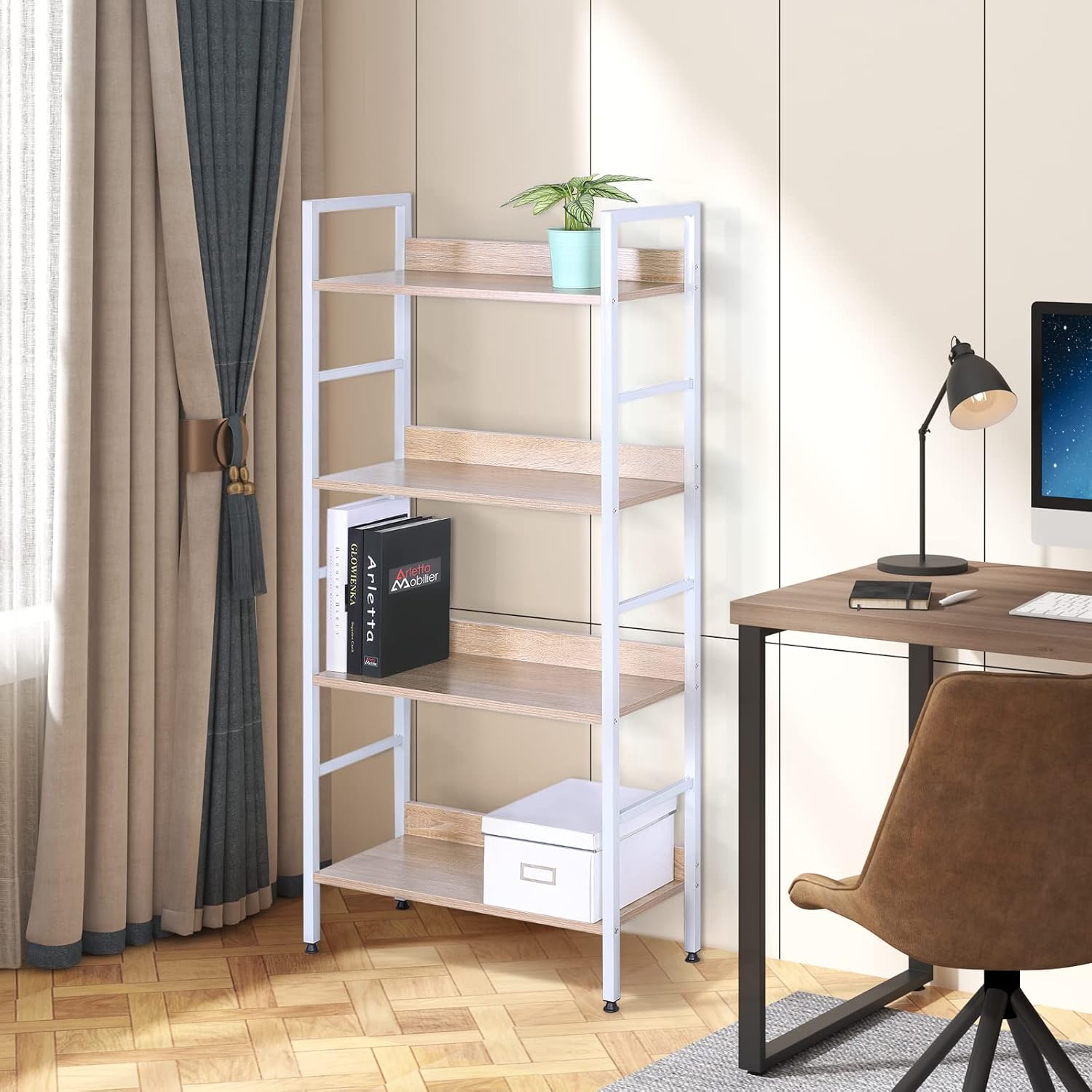 Detalle de WOLTU Standregal mit 4 Ablagen – Regal aus Holz und Metall, 60 x 27,5 x 126 cm, Weiß + Hell Eiche (RGB9304hei)