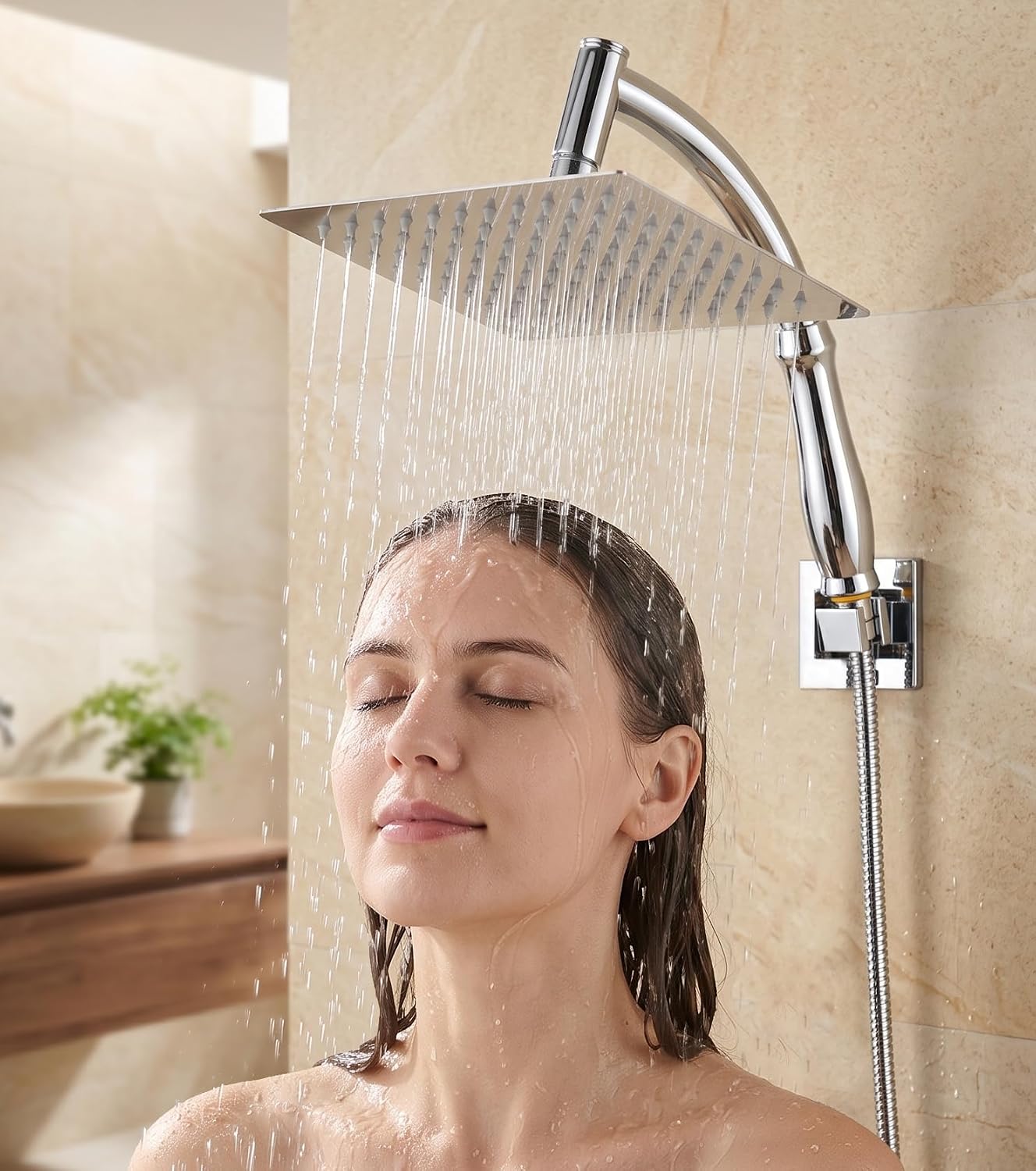 Detalle 2 de SIEYESCITY Large Square Rainfall Shower Head with Handheld Arm (8 inch) – Universal G1/2 rain shower