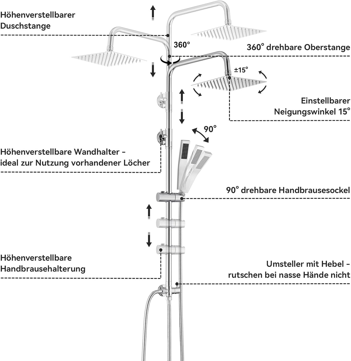 Thumbnail 6 de Auralum Regendusche ohne Armatur – eckiges Duschsystem aus Edelstahl mit 20×20 cm Regenduschkopf, Handbrause & höhenverstellbarer Stange