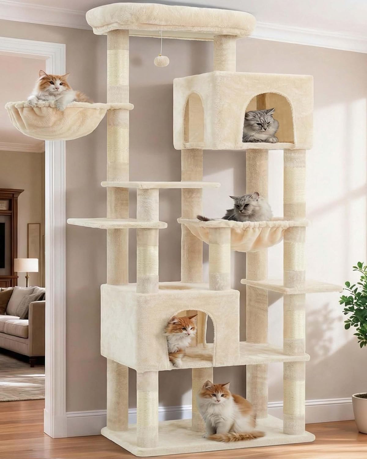 Detalle de Heybly Kratzbaum Groß (193 cm) – mit 2 Katzenhäuschen, Hängematte, Korb und 10 Sisal-Kratzstämmen, Beige HCT039M