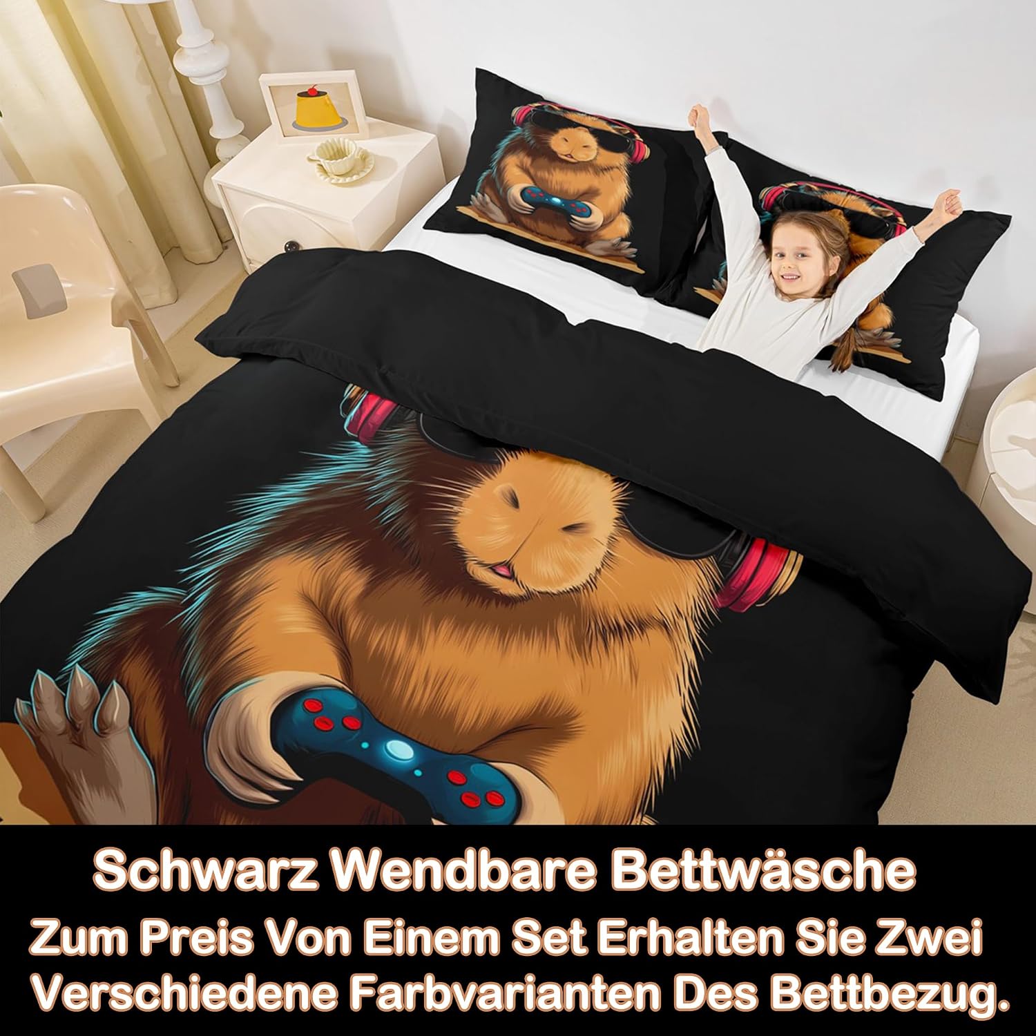 Detalle 2 de Homewish Gaming Capybara Bettwäsche-Set 200x200 cm – Capybara & Gaming Design, 2 Kissenbezüge 80x80 cm