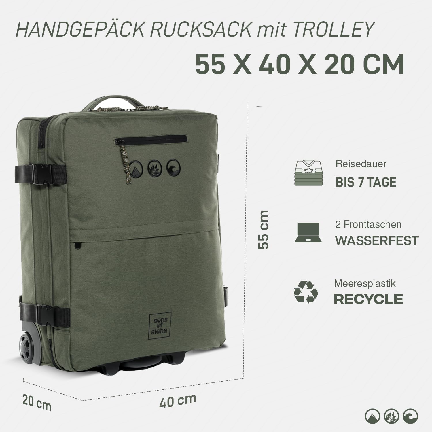 Detalle de SONS OF ALOHA Backpacker Rucksack mit Rollen 3 in 1 – 55 x 40 x 20 cm, grün-Olive