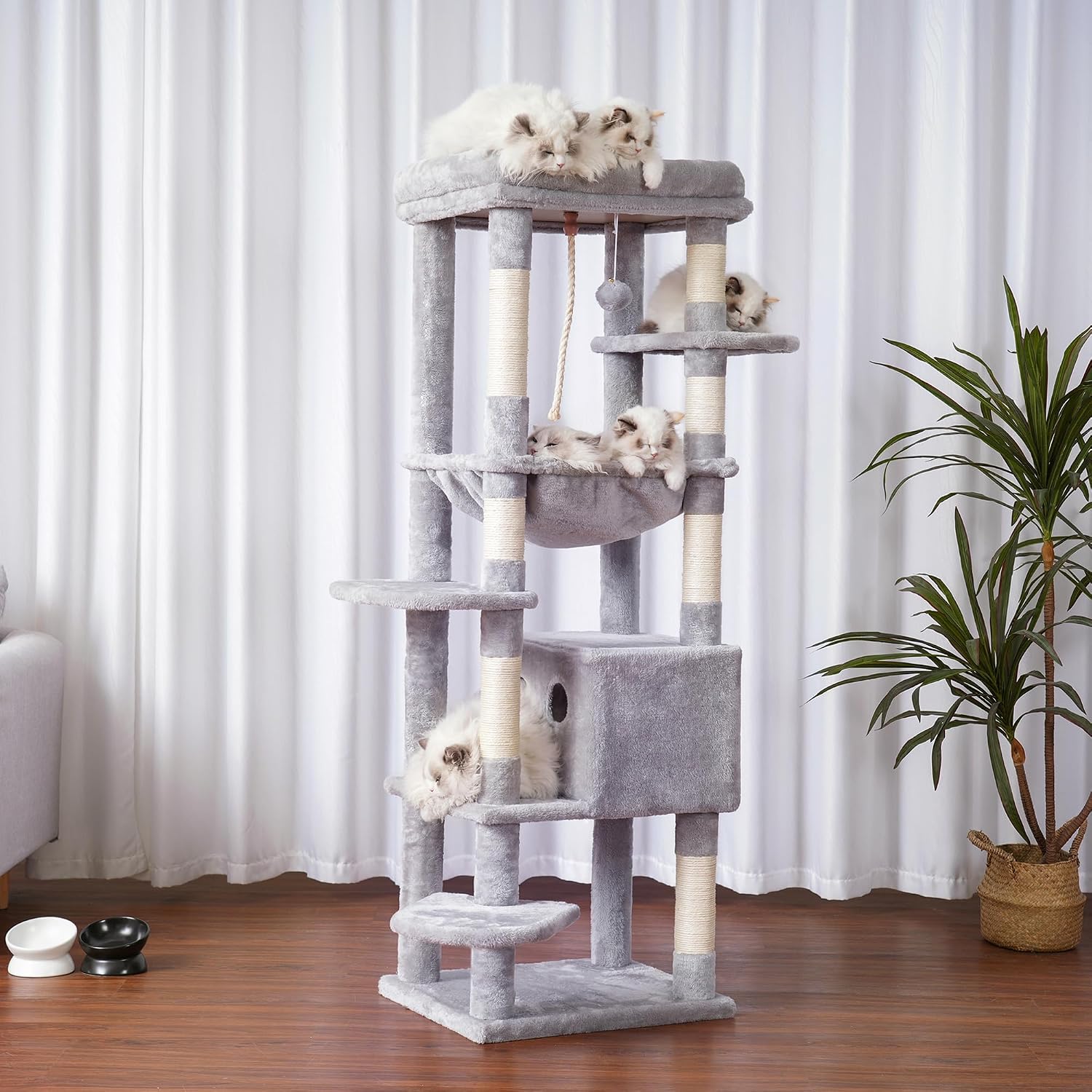 Detalle de Heybly Cat Tree for Large Cats Heavy Duty, 153cm XXL Cat Tower with Plush Perch, Cozy Basket and Large Condo