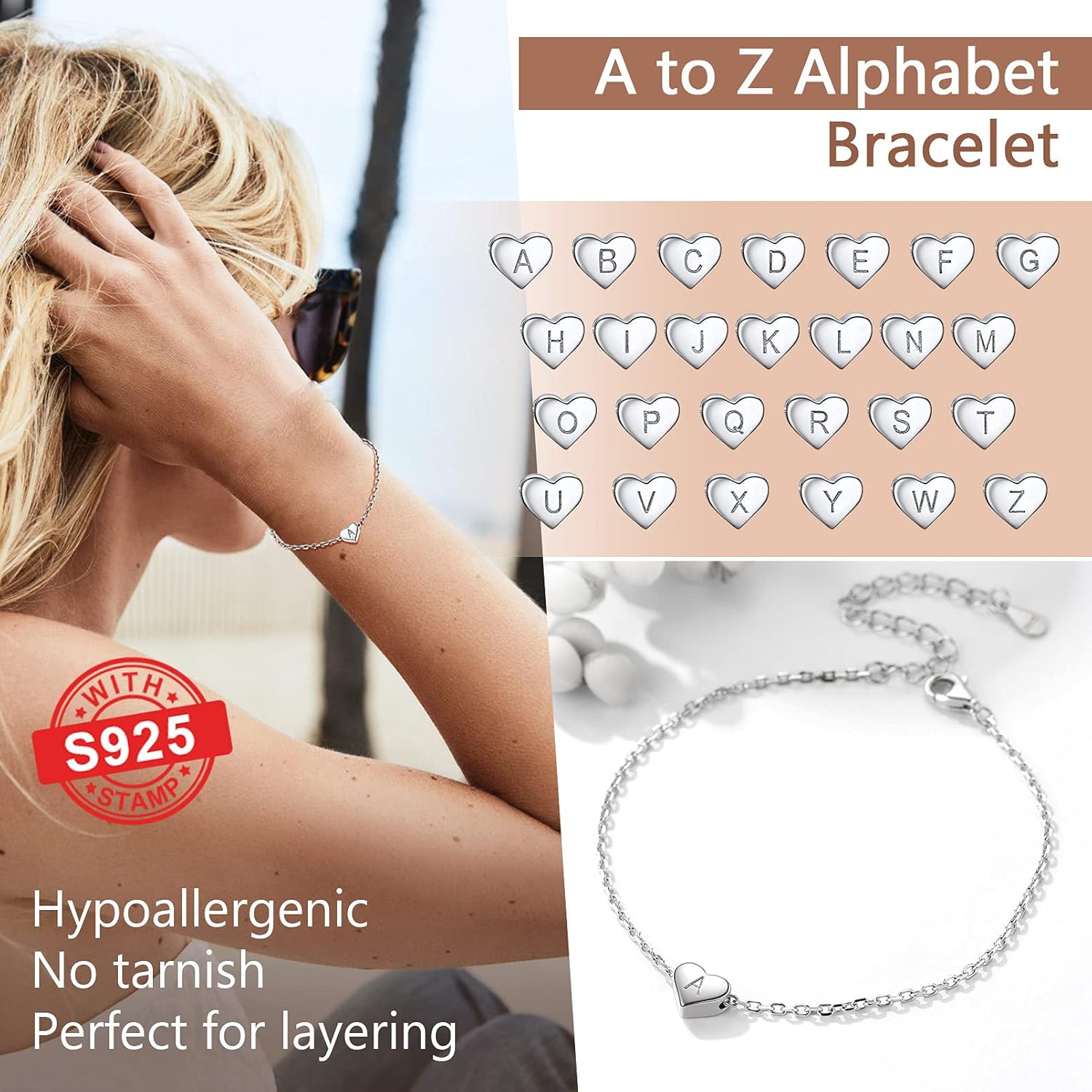 Detalle de PROSILVER Women Sterling Silver Heart Initial Bracelet with S925 Stamp – Adjustable A to Z Alphabet Jewellery