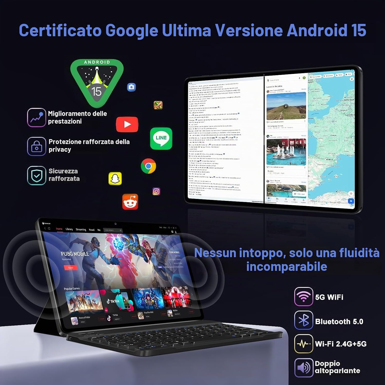 Thumbnail 2 de Android 15 Tablet 10.1" con Octa-Core 2.0GHz, 30GB RAM / 128GB ROM (espansione fino a 2TB), Gemini AI, 8000mAh, Widevine L1, 5G Wi‑Fi, Face ID, Tastiera e Mouse (Nero)