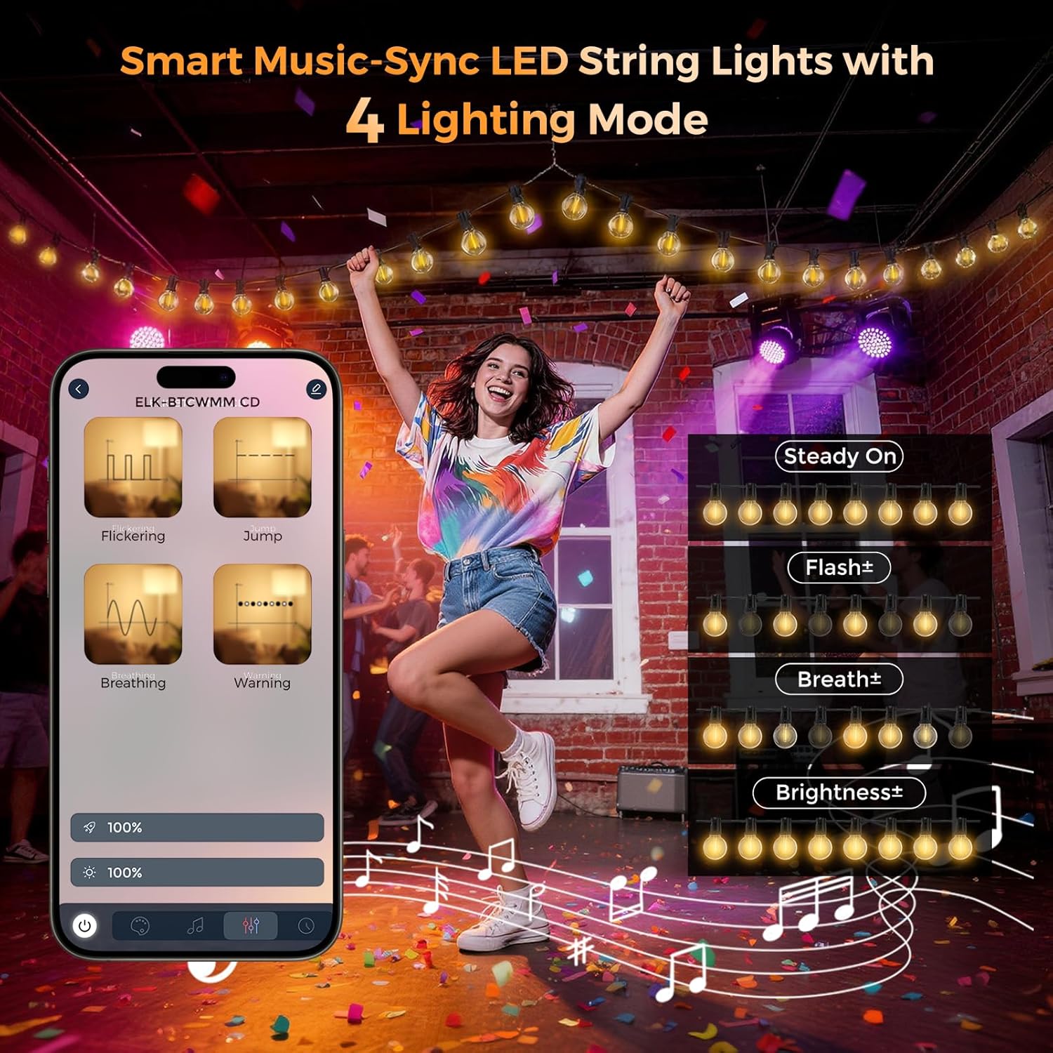 Thumbnail 5 de Outdoor String Lights Mains Powered 33.3 m G40 LED Gazebo Light with Plug, APP & Remote Dual Control (24V, IP44) – 40+2 Spare Bulbs