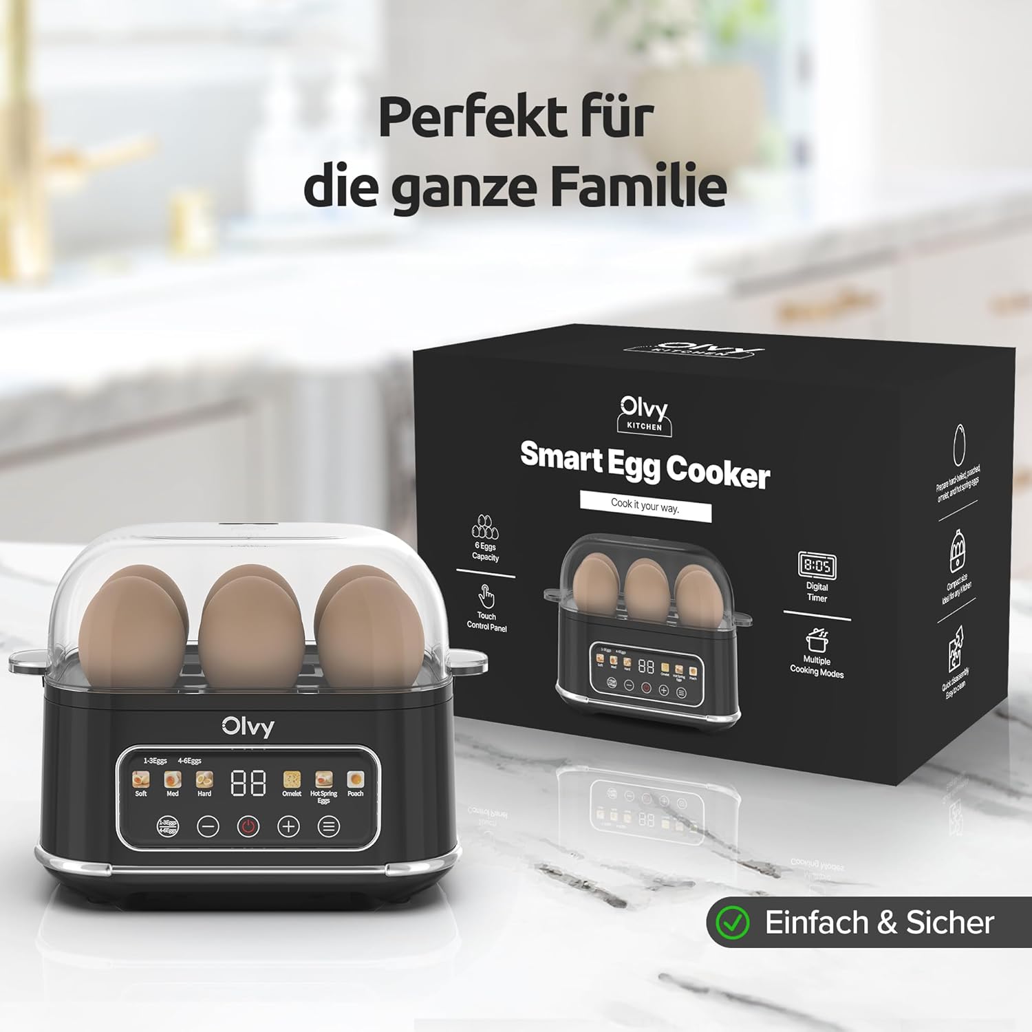 Thumbnail 6 de Olvy automatischer Eierkocher für 6 Eier (6-in-1) mit LCD-Timer und Dampfgarer