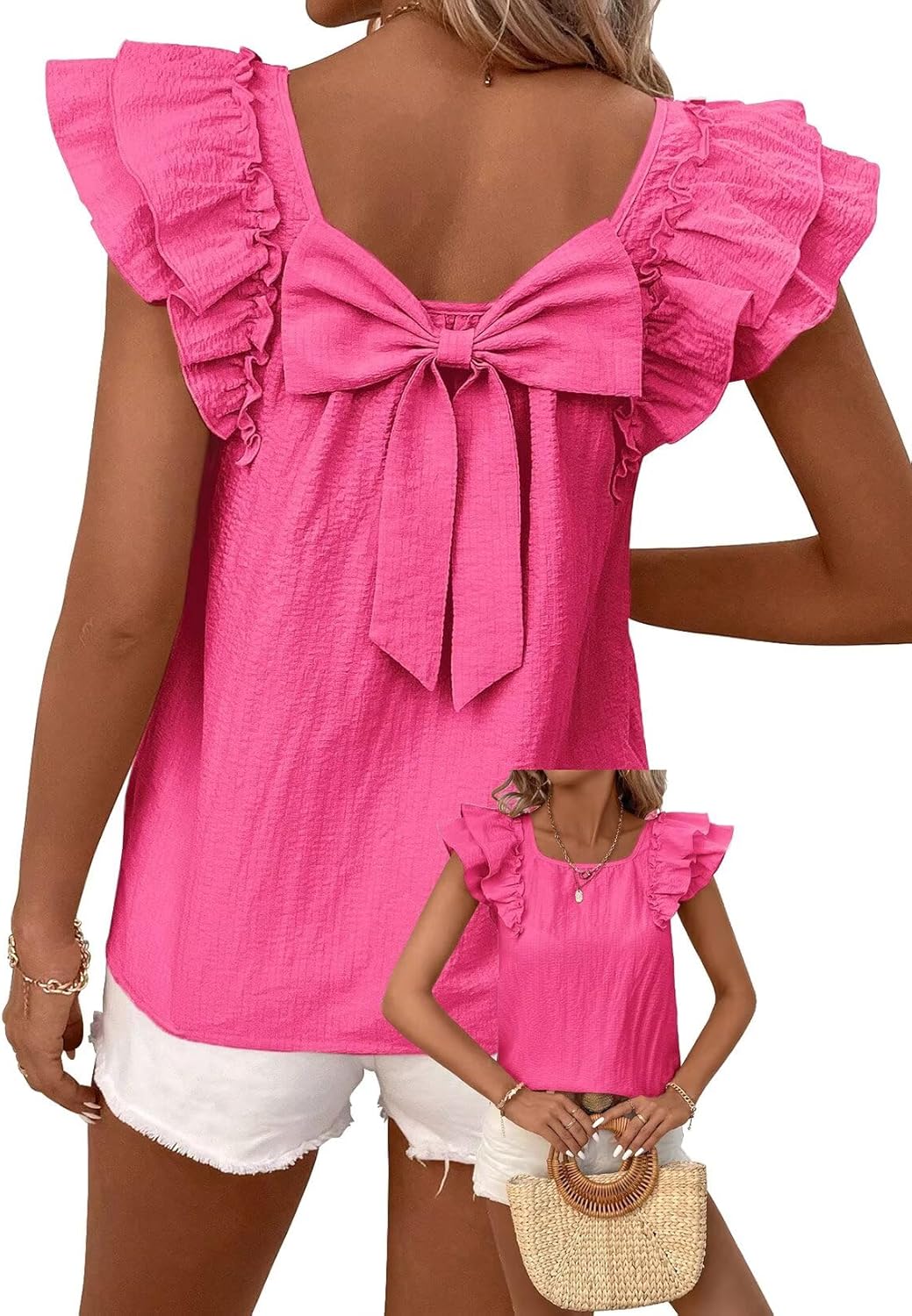Detalle de Falechay Womens Bow Tie Back Tops Round Neck Ruffle Short Sleeve Babydoll Chiffon Tee