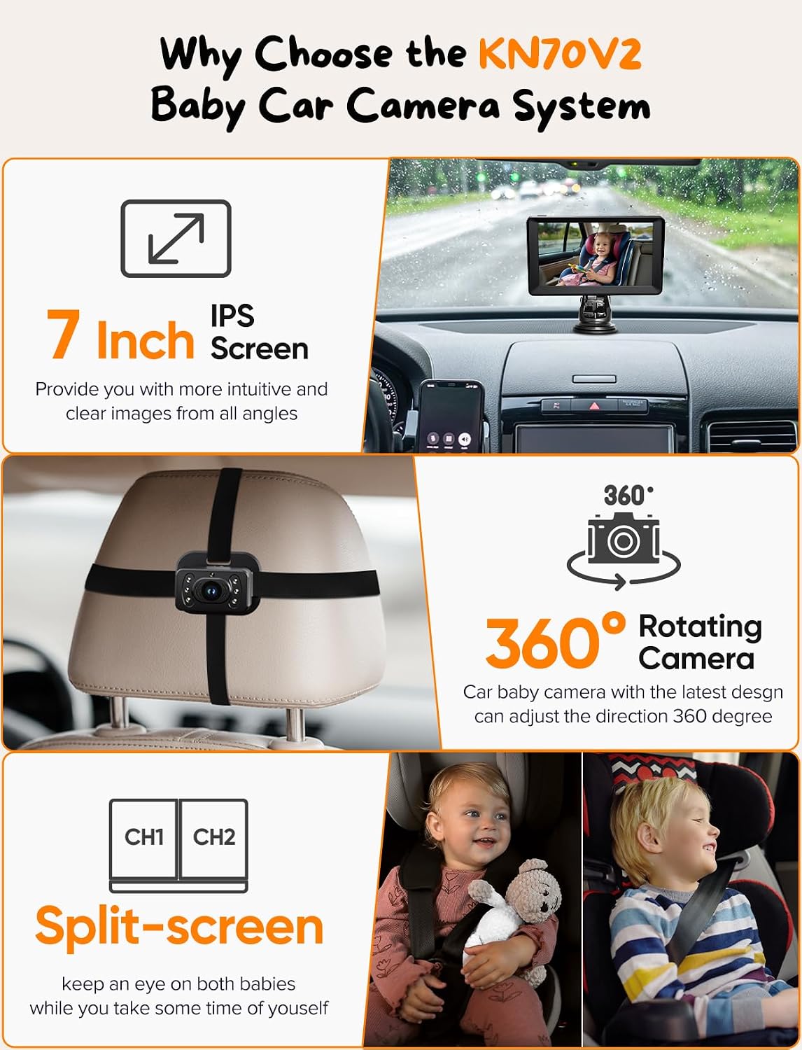 Detalle de Kidsneed KN70V2 7-Inch Split-Screen Baby Car Camera with Dual Cameras