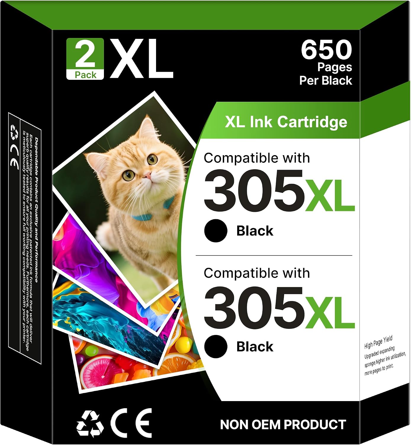 Detalle de Gureef 305XL Black Ink Cartridges (2 Pack) for HP 305 Series – High Yield Replacement