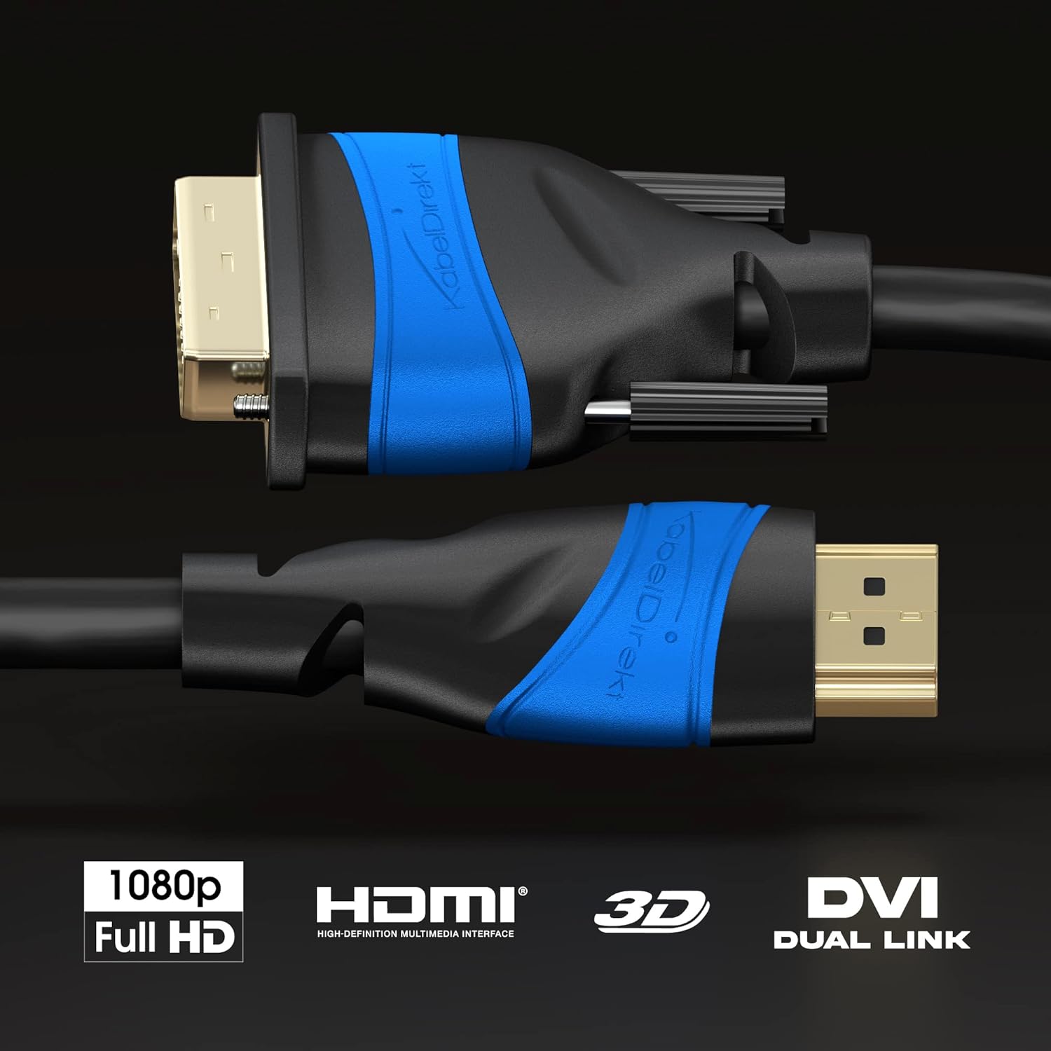 Detalle de KabelDirekt HDMI-DVI Adapterkabel, bi-direktional 2 × 0,5 m – DVI-D/24+1 oder DVI-I/25+5, Full HD 1080p
