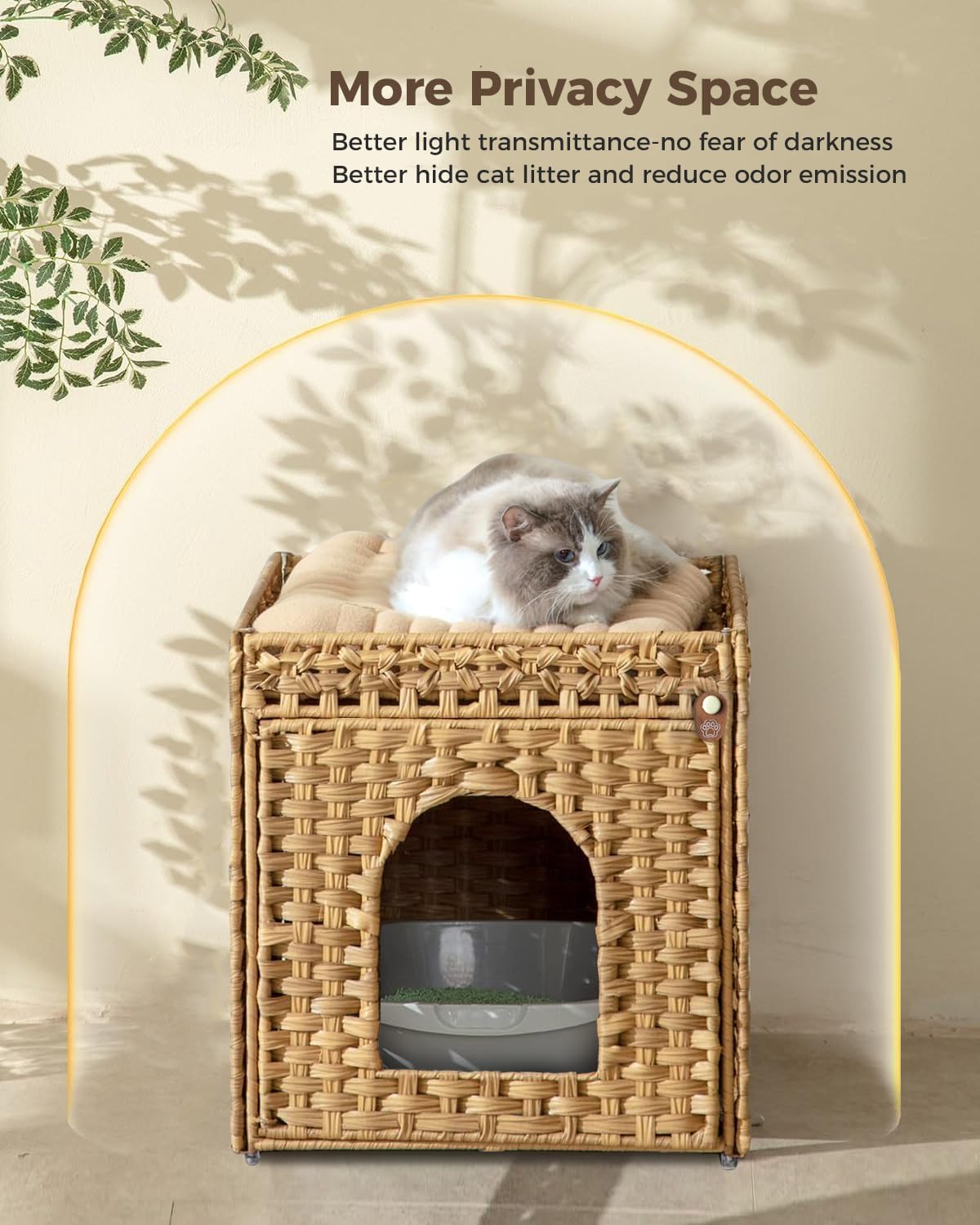 Detalle 2 de Klippehop Katzenhaus Katzenschrank für Katzentoilette – verstecktes Rattan-Möbelstück mit Katzentoilette Matte (Natur, Basic Model)