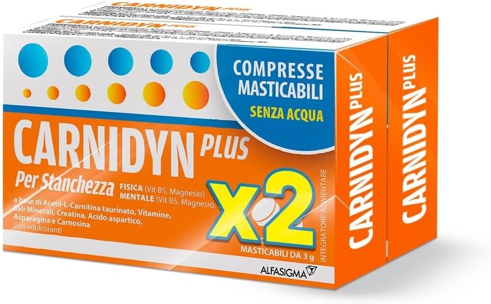 Detalle de Carnidyn Plus: integratore per energia e concentrazione, 36 compresse masticabili agrumi
