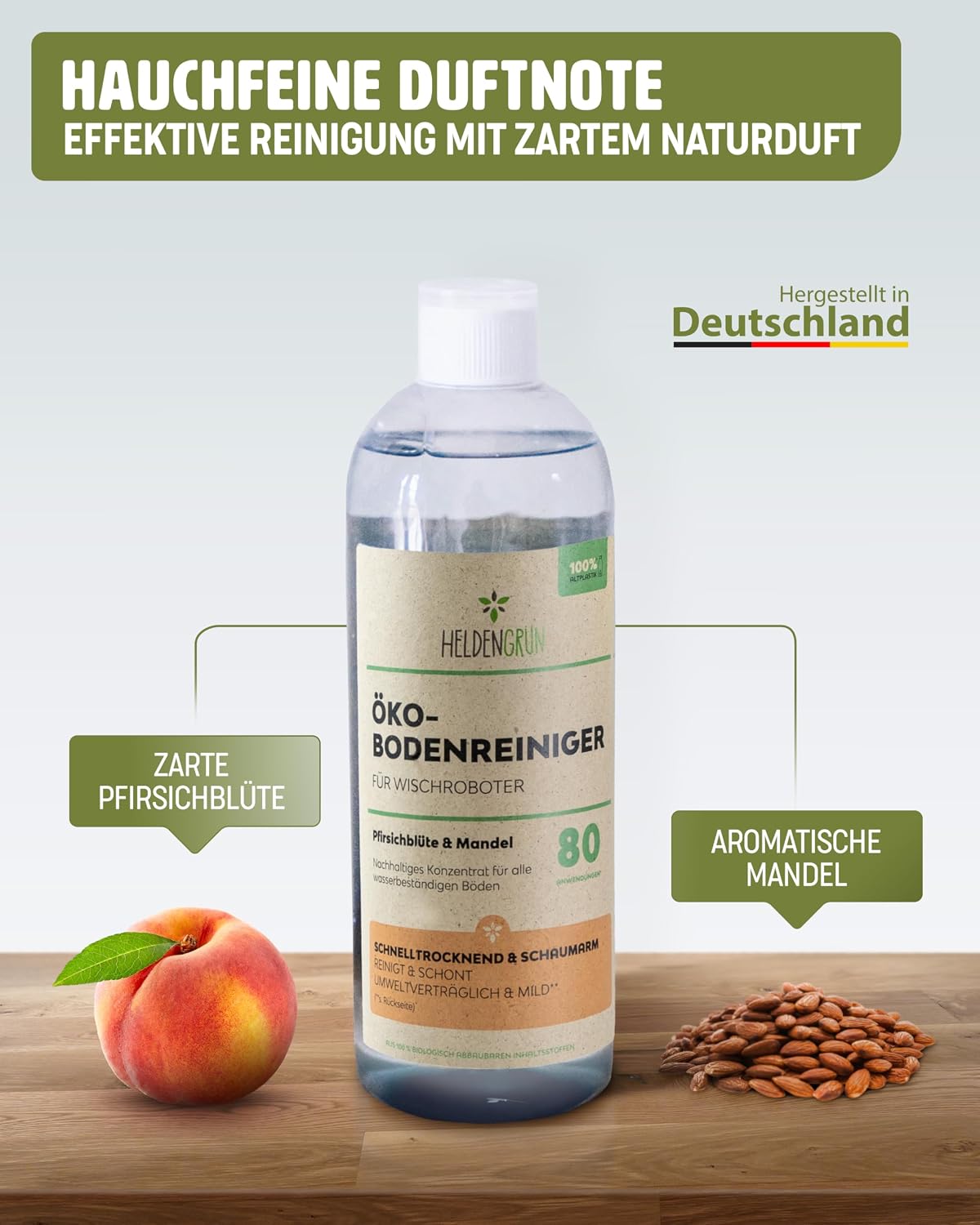 Detalle 2 de Heldengrün® Öko Bodenreiniger für Wischroboter Pfirsichblüte & Mandel – streifenfrei, schnelltrocknend & schaumarm