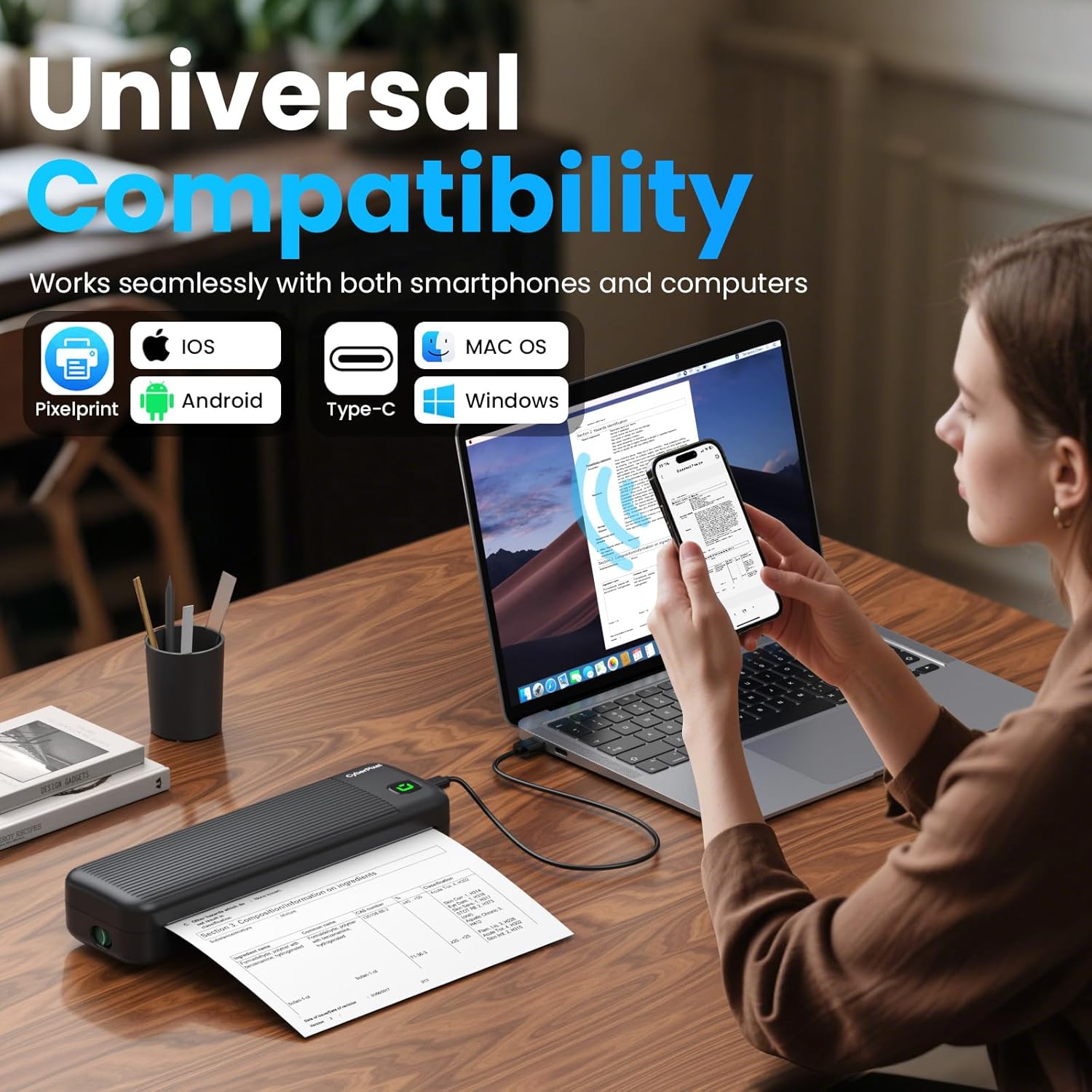 Thumbnail 1 de CyberPixel Portable Wireless Inkless Thermal Printer (Bluetooth + USB) for Travel, A4 & US Letter, Black