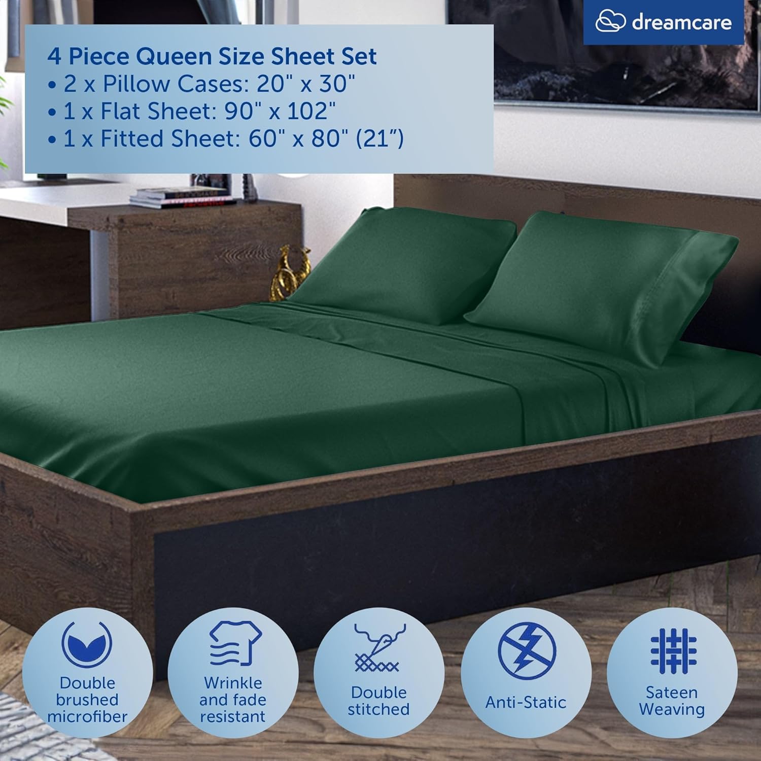 Thumbnail 3 de DREAMCARE Queen Sheet Set – 4 pcs Cooling Sheets with Extra Deep Pocket and Side Pocket (Emerald Green)