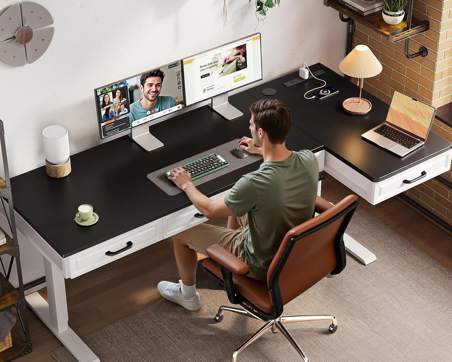 Detalle 2 de OffiGo 63-Inch L-Shaped Electric Standing Desk with 4 Drawers, White and Black