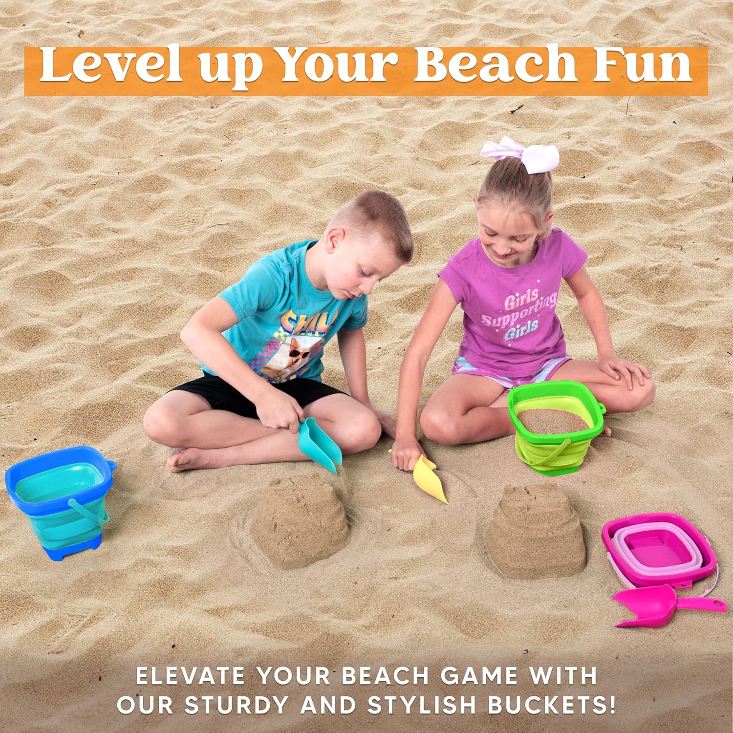Detalle de Sloosh 3-Pack Collapsible Sand Toys – Square Foldable Pail Buckets with Shovels (Pink/Blue/Green)