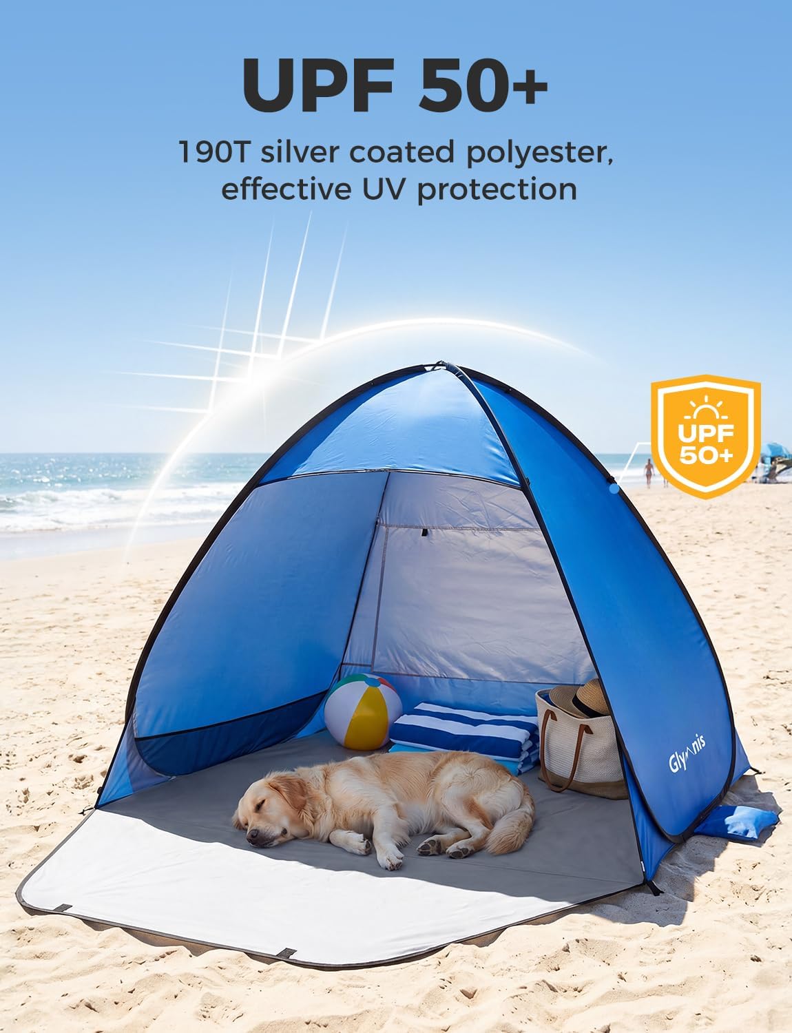 Detalle de Glymnis Strandmuschel Pop Up Strandzelt – UV-Schutz 50+, Windschutz, blau, kompakt