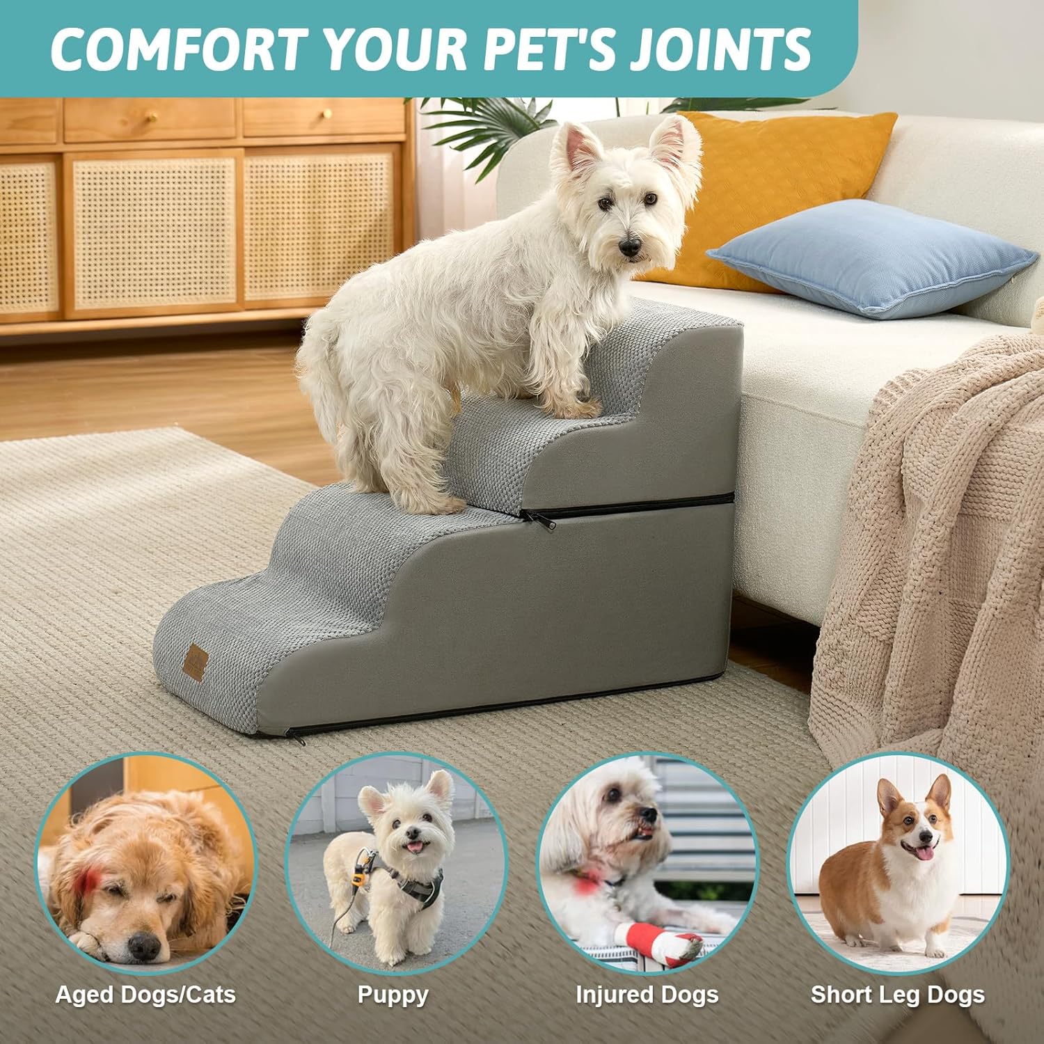 Thumbnail 5 de COZY KISS Dog Stairs for Small Dogs 19.7" H – Detachable, Foam-Backed Steps with TPU Exterior