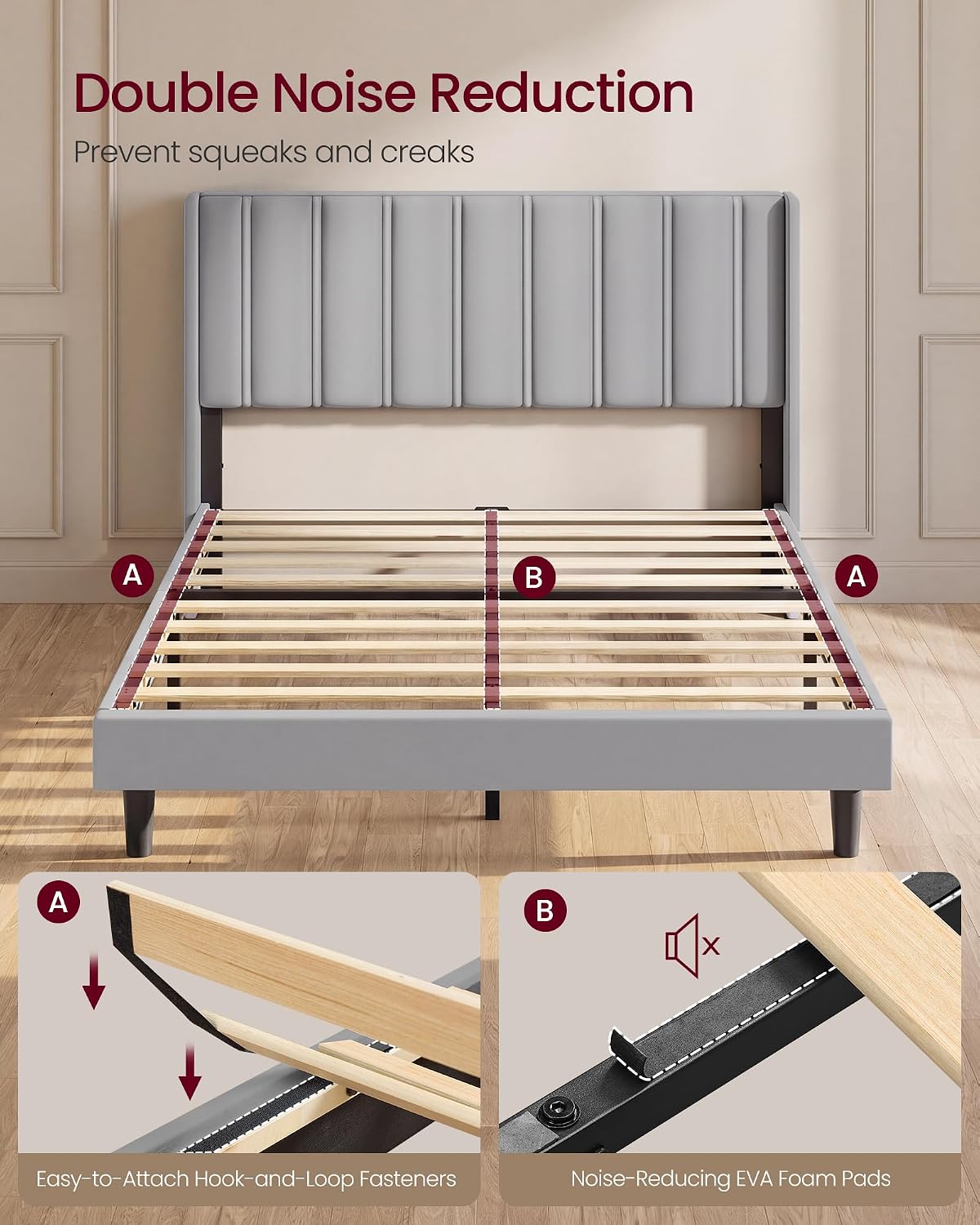 Detalle 2 de VASAGLE URMB681G101 Queen Bed Frame, Velvet Wingback Headboard, Dove Gray