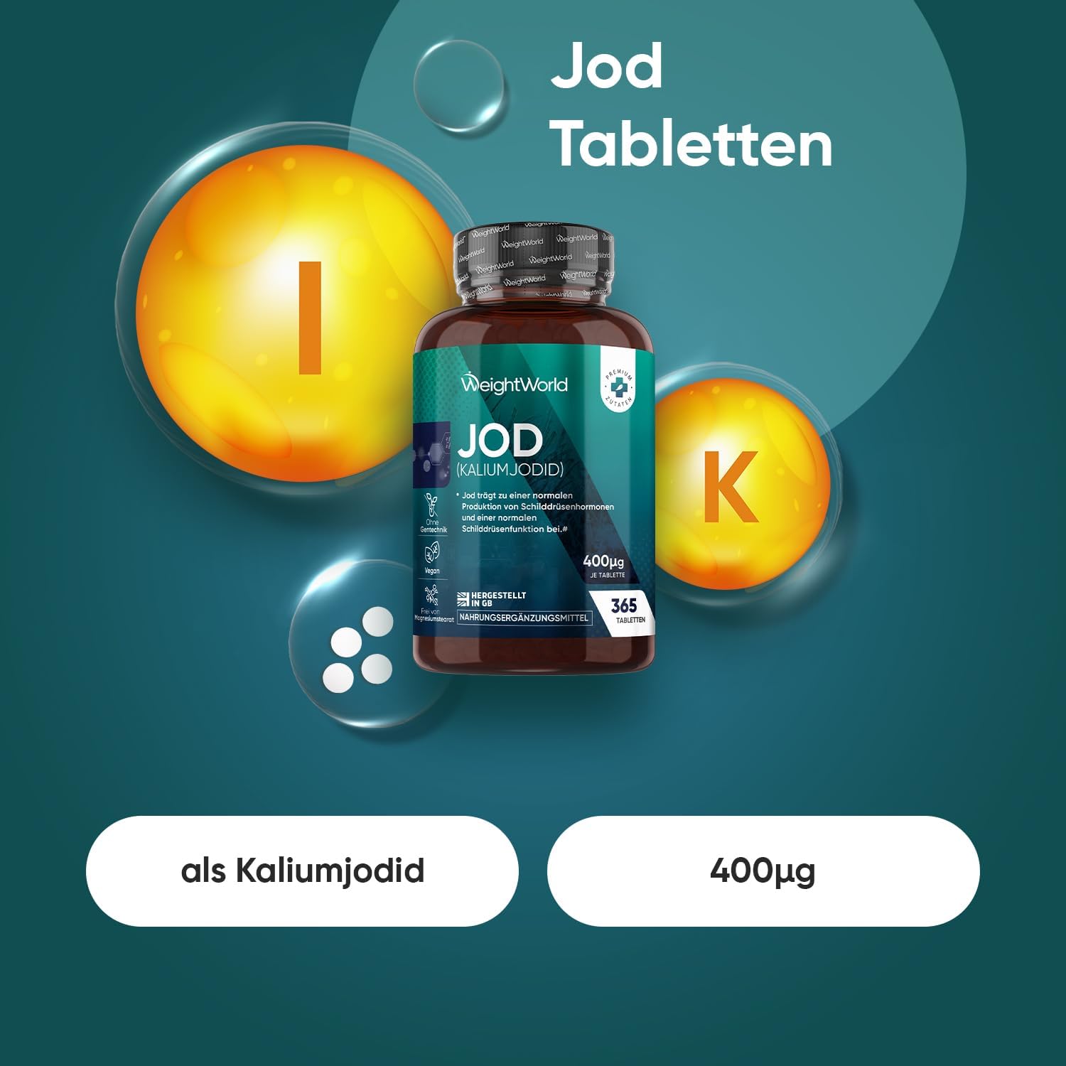 Detalle de WeightWorld Jod Tabletten 400 µg – 365 vegane Tabletten, 1 Jahresvorrat