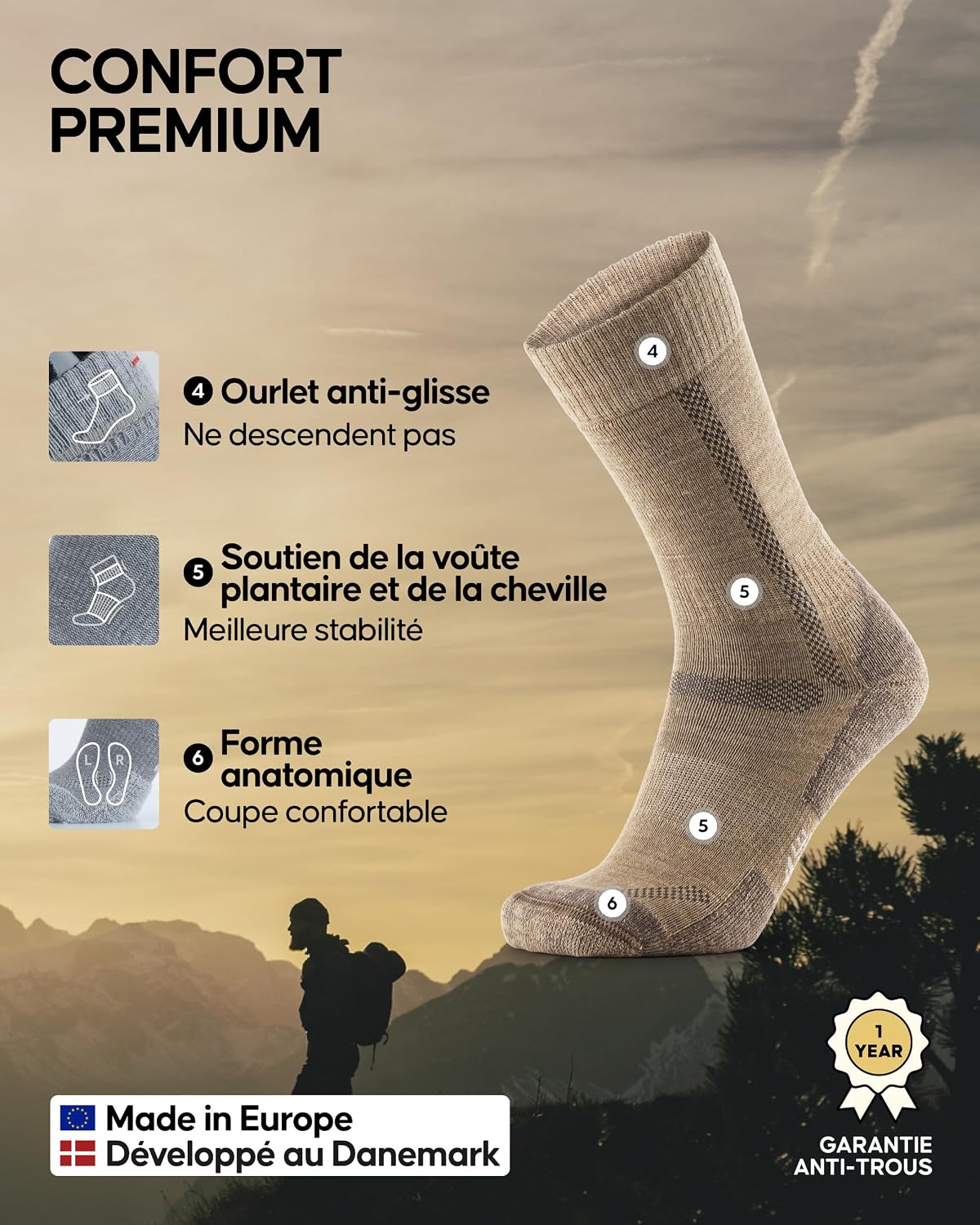 Detalle de DANISH ENDURANCE Chaussettes de randonnée en laine mérinos rembourrées (lot de 3) – Unisex