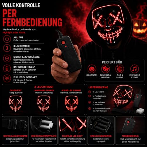 Detalle 2 de TK Gruppe Timo Klingler maschera horror rossa a LED con 3 effetti luminosi