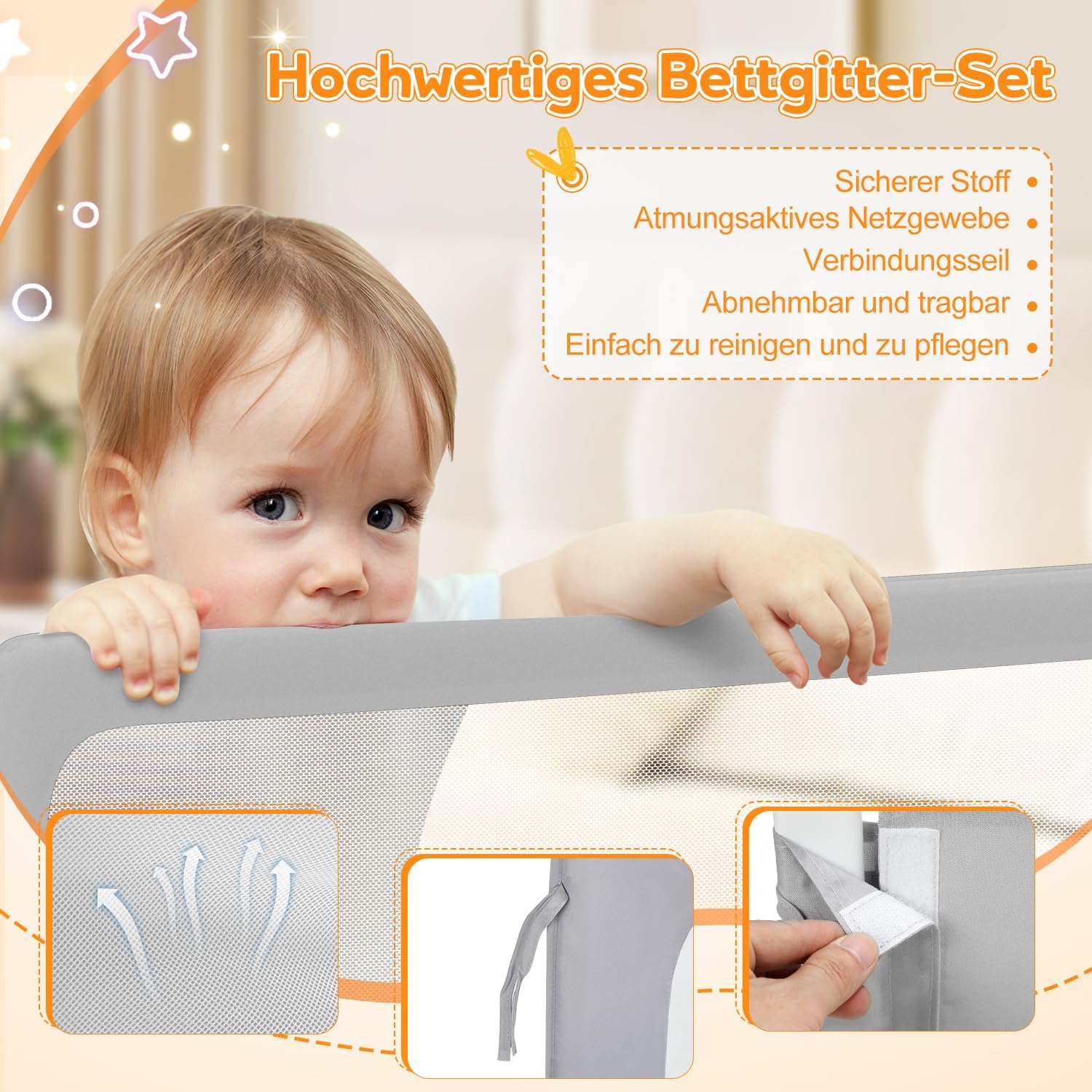 Thumbnail 2 de Ikodm Rausfallschutz Bett für Boxspringbett 180 cm – höhenverstellbar 72–86 cm, 180° klappbar, luftiges Netz, einfache Montage, Grau