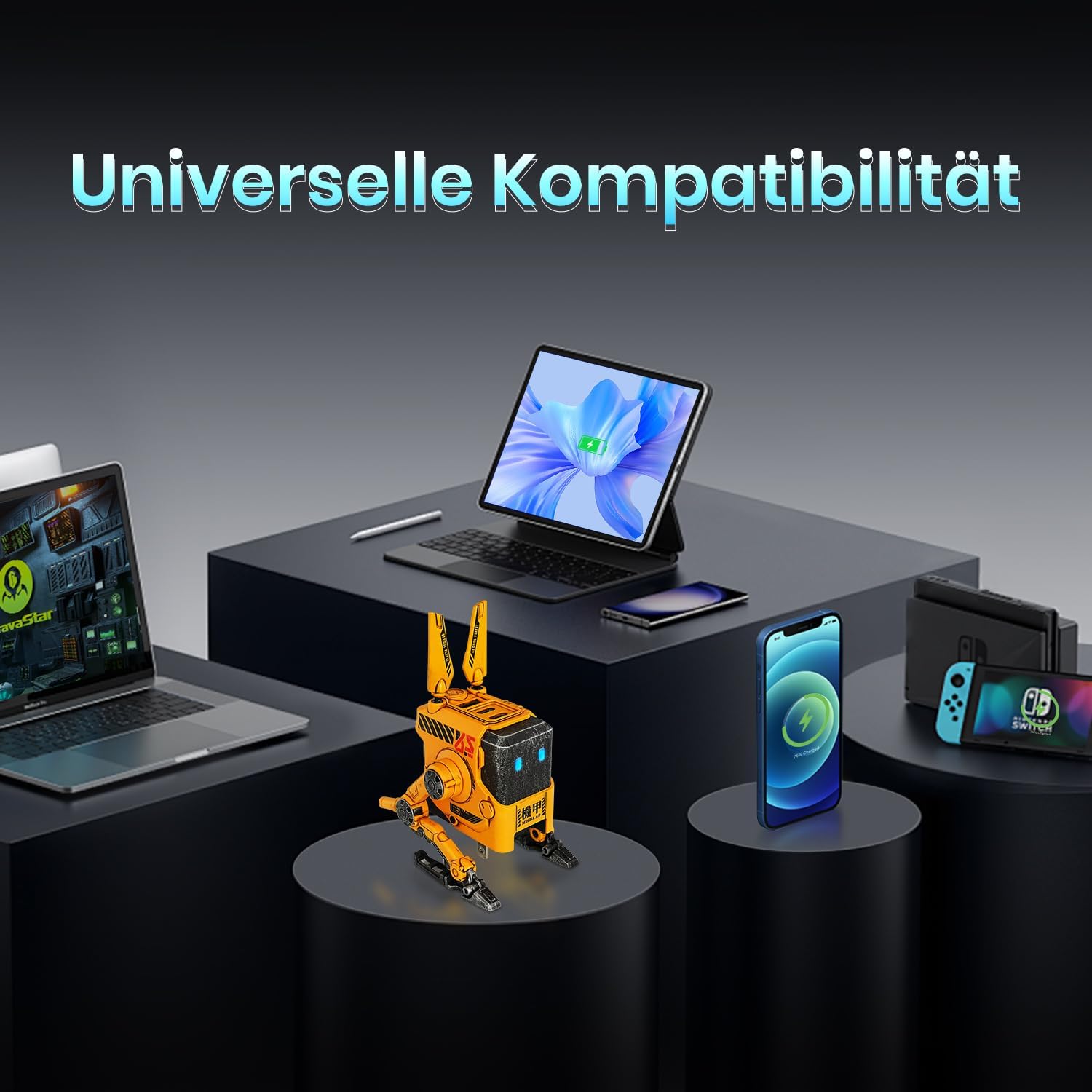 Detalle de GravaStar Alpha65 GaN USB-C Ladegerät 65W – futuristisches Mecha-Design, 3 Ports