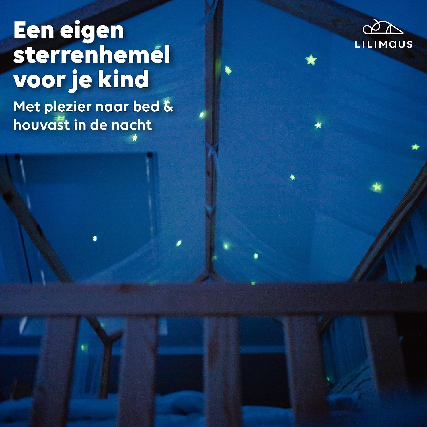 Thumbnail 1 de lilimaus BH-HB-135x320-GS-WEISS bedhemel met lichtgevende sterren