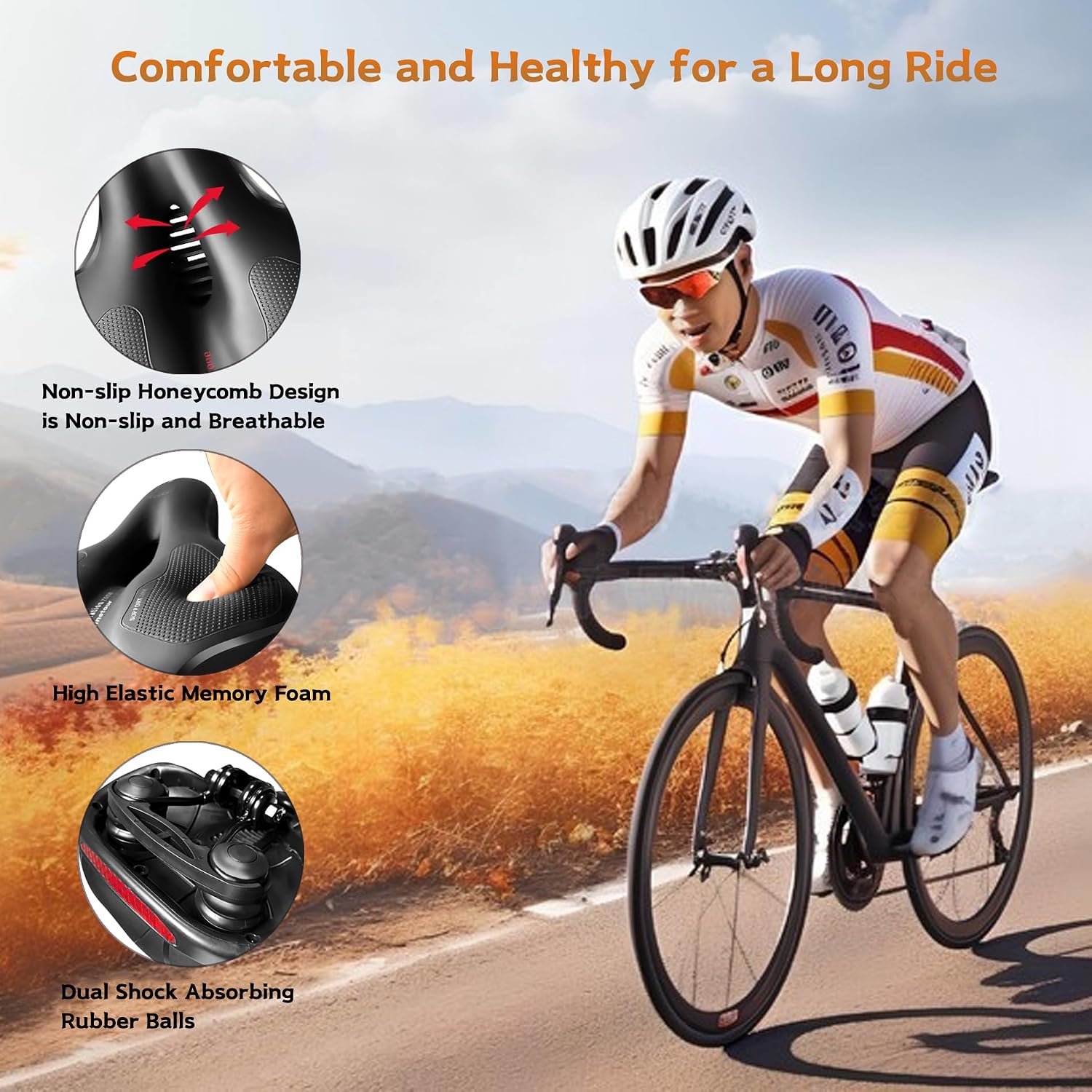 Detalle de Selle de vélo Ultra Confort Hmseng : mousse mémoire, amortisseurs à double ressort et ventilation