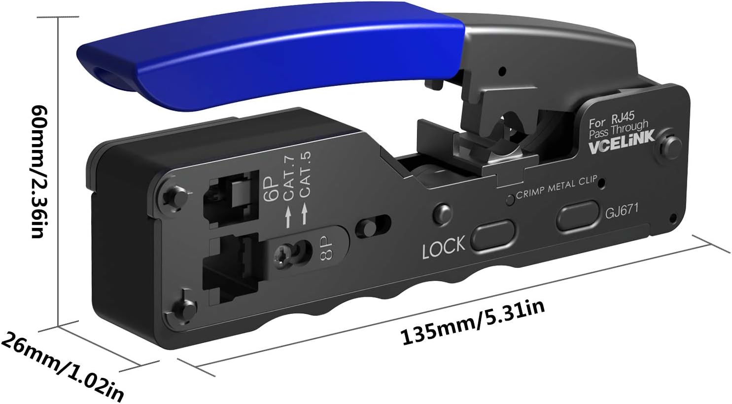 Detalle 2 de VCELINK GJ671BL pinza crimpatrice passante RJ45 (RJ12/RJ11) per connettori 8P8C e 6P6C/6P4C