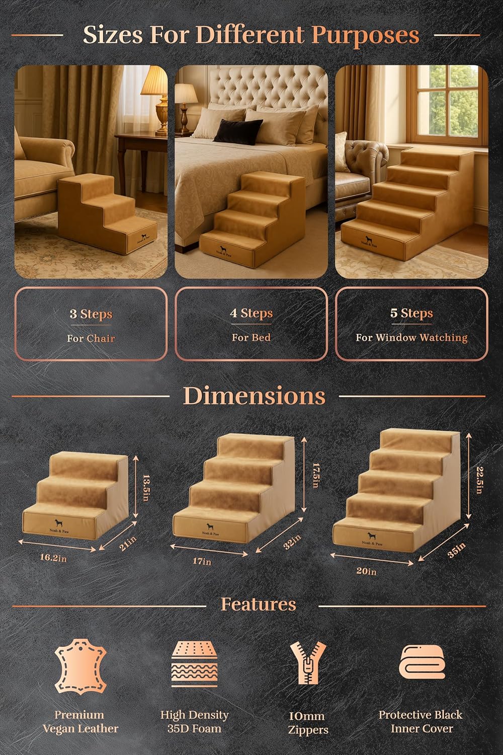 Thumbnail 3 de Noah & Paw Dog Stairs Leather Collection – 16" Extra Wide ramp for high beds (3 steps)