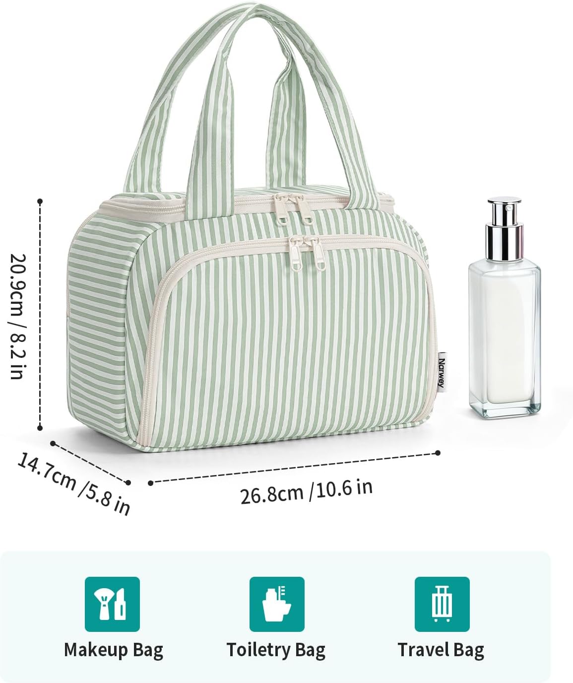 Detalle de Narwey Large Toiletry Bag for Women (Mint Green Stripe): A Practical Travel Organizer