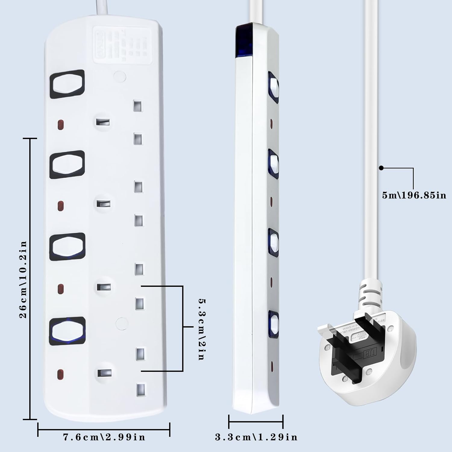 Thumbnail 1 de 5M Extension Lead with Individual Switches: 4‑Way, Wall Mountable, Surge Protected