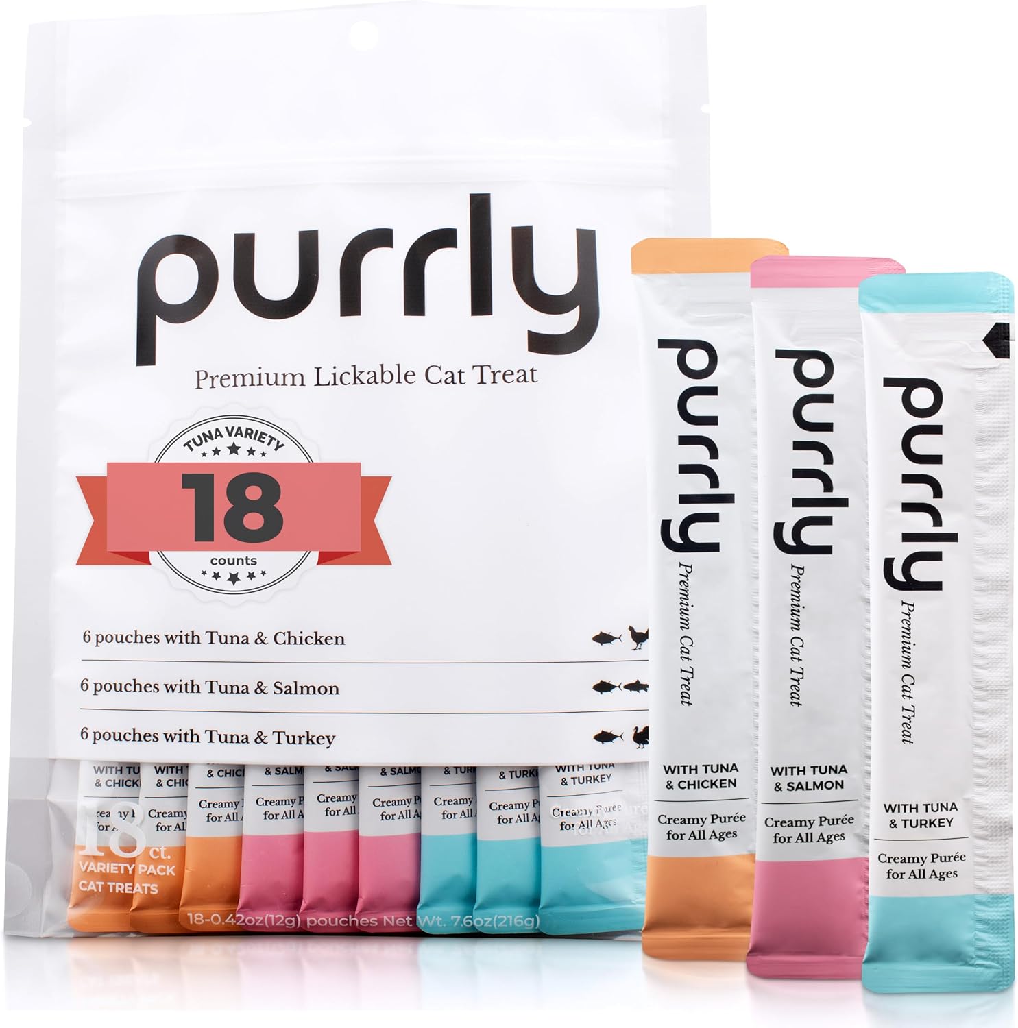 Detalle de Purrly Tuna Variety Lickable Cat Treats, 18-Count Squeezable Pouches