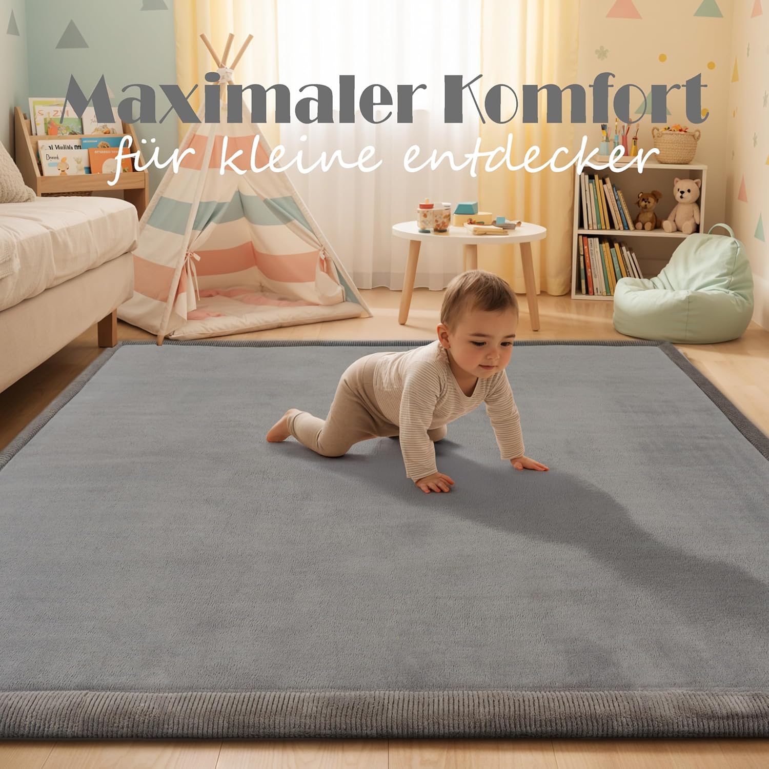 Detalle de Paco Home Rund-Teppich Kinderzimmer 160 cm in Grau – weiche Krabbeldecke für Baby & Spielbereich