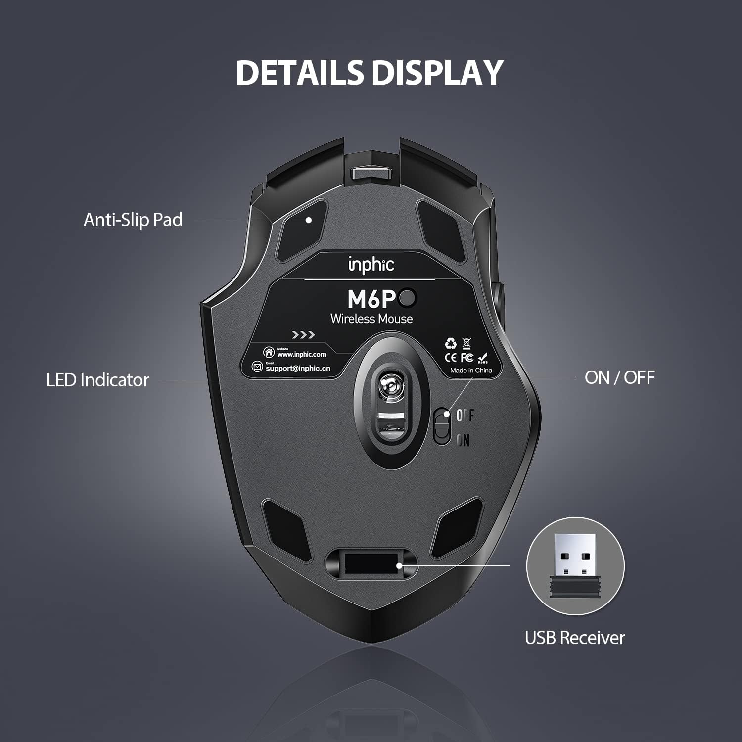 Detalle 2 de INPHIC Pro 2,4G Funkmaus 1600 DPI mit Akku