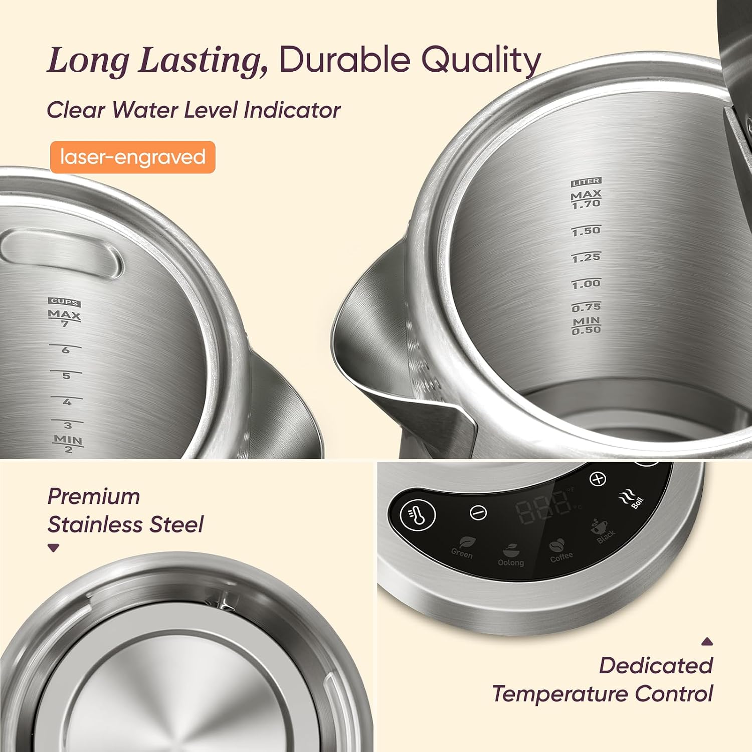 Detalle de Cosori Electric Kettle: 1.7L, Plastic-Free Interior with 5 Presets