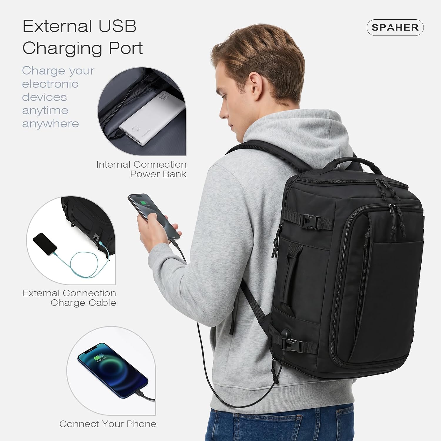 Thumbnail 3 de SPAHER Extendable Cabin Bag 40x30x15/20cm with USB Port and Shoe Compartment