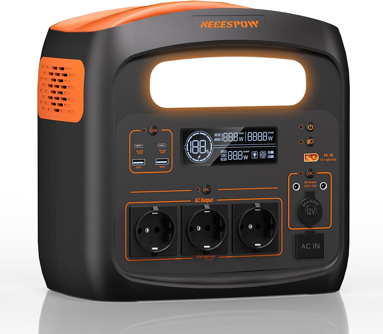 Detalle de Tragbare Powerstation 1800W (3600W Spitzenleistung) mit 1102,5Wh LiFeMnPO4 Akku – Schnellladung & Solarunterstützung