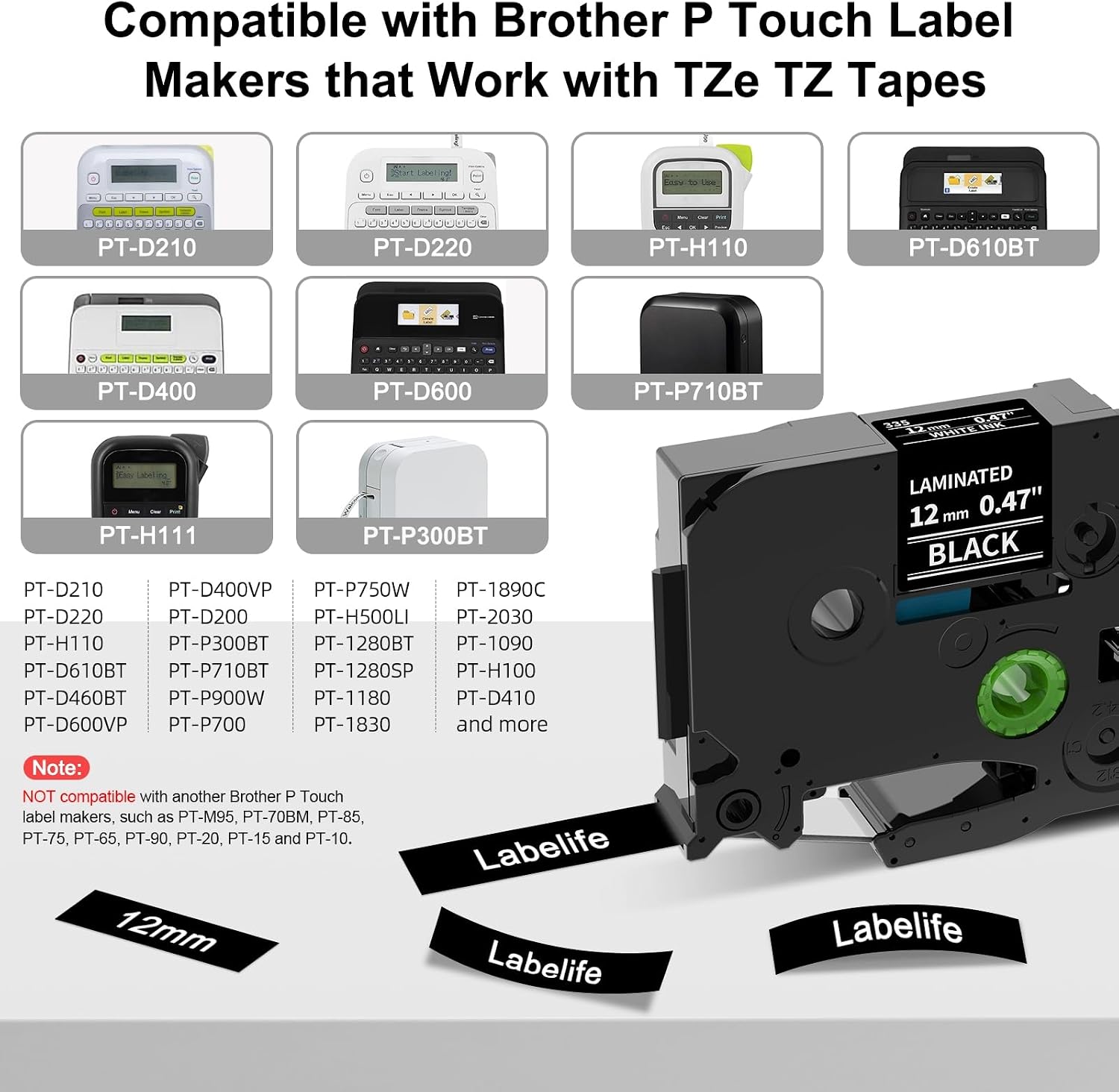 Thumbnail 1 de Labelife 4-Pack White on Black TZe-335 Laminated Tape for Brother P-Touch (12mm, 8m each)