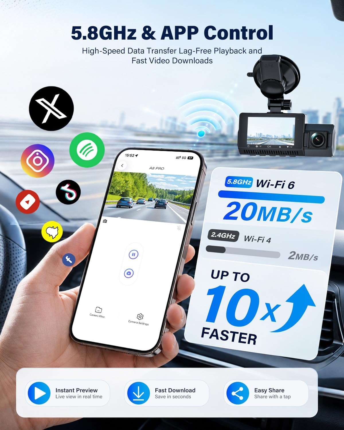 Thumbnail 4 de Eivikga A8 3-Channel Dash Cam, 4K + 2.5K + 2.5K, Wi-Fi 6