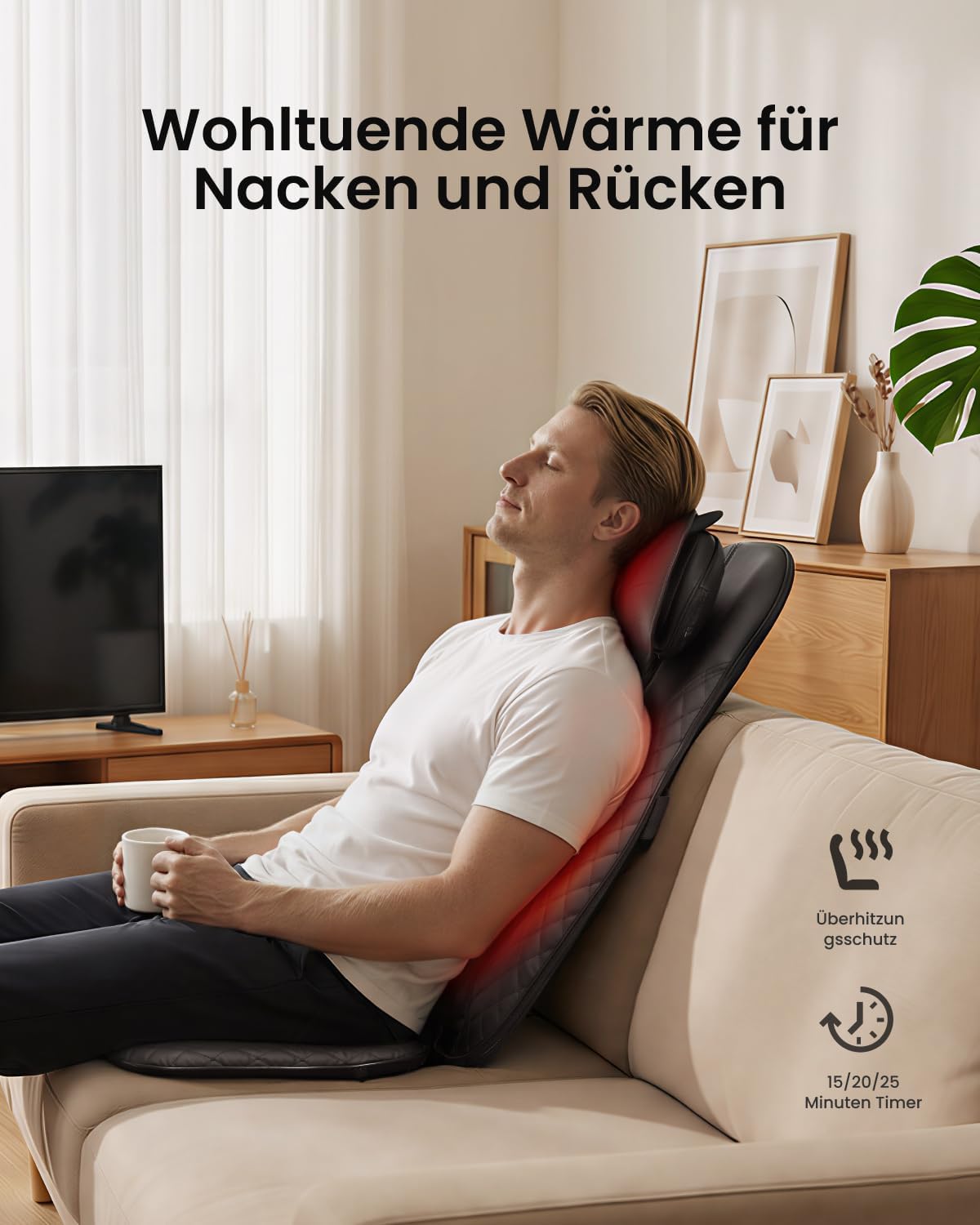 Thumbnail 4 de RENPHO Massagesitzauflage – Shiatsu-Massagegerät für Rücken und Nacken mit 12 Massagerollen, 3 Zonen, Wärme & Vibrationsmassage