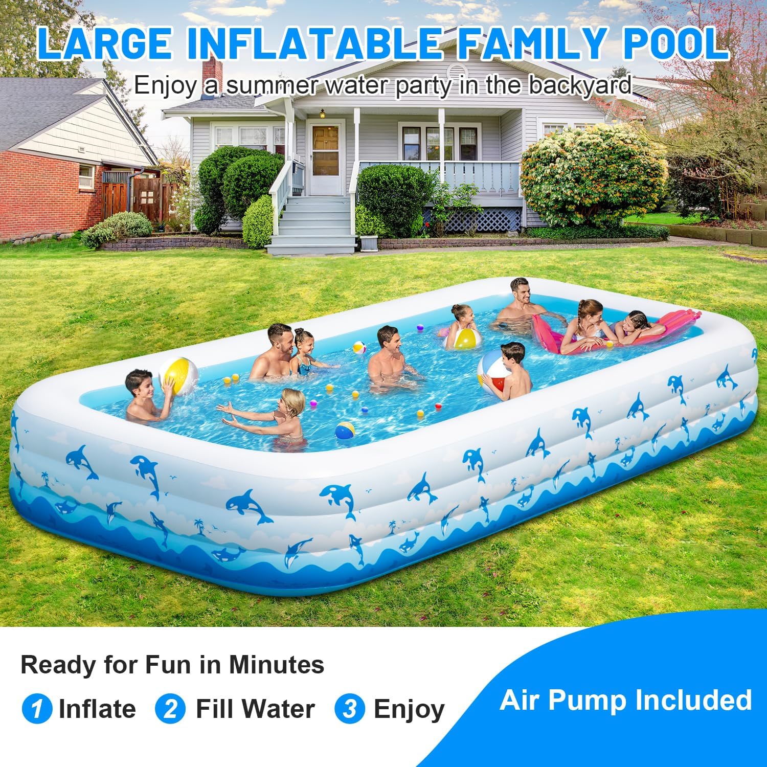 Detalle de Cinlinso Extra Large Inflatable Pool – 165 x 76 x 22 inches