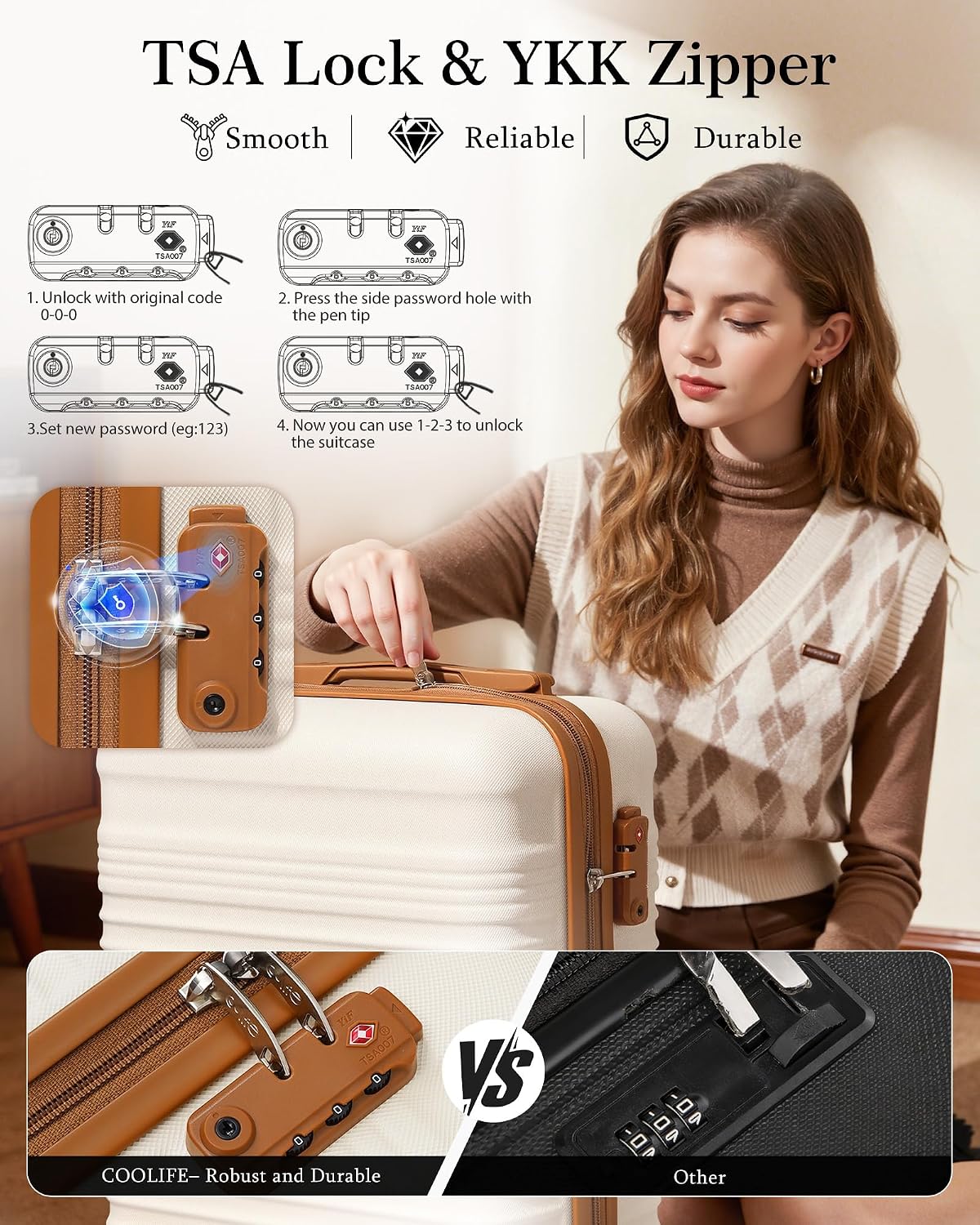 Detalle de COOLIFE 55×35×20 Cabin Suitcase + 40x25×20cm Ryanair Cabin Bag EasyJet Set
