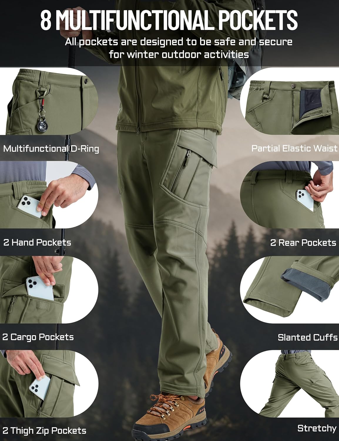 Detalle 1 de TACVASEN Men's Winter Pants, 8 Pockets, Fleece-Lined Softshell