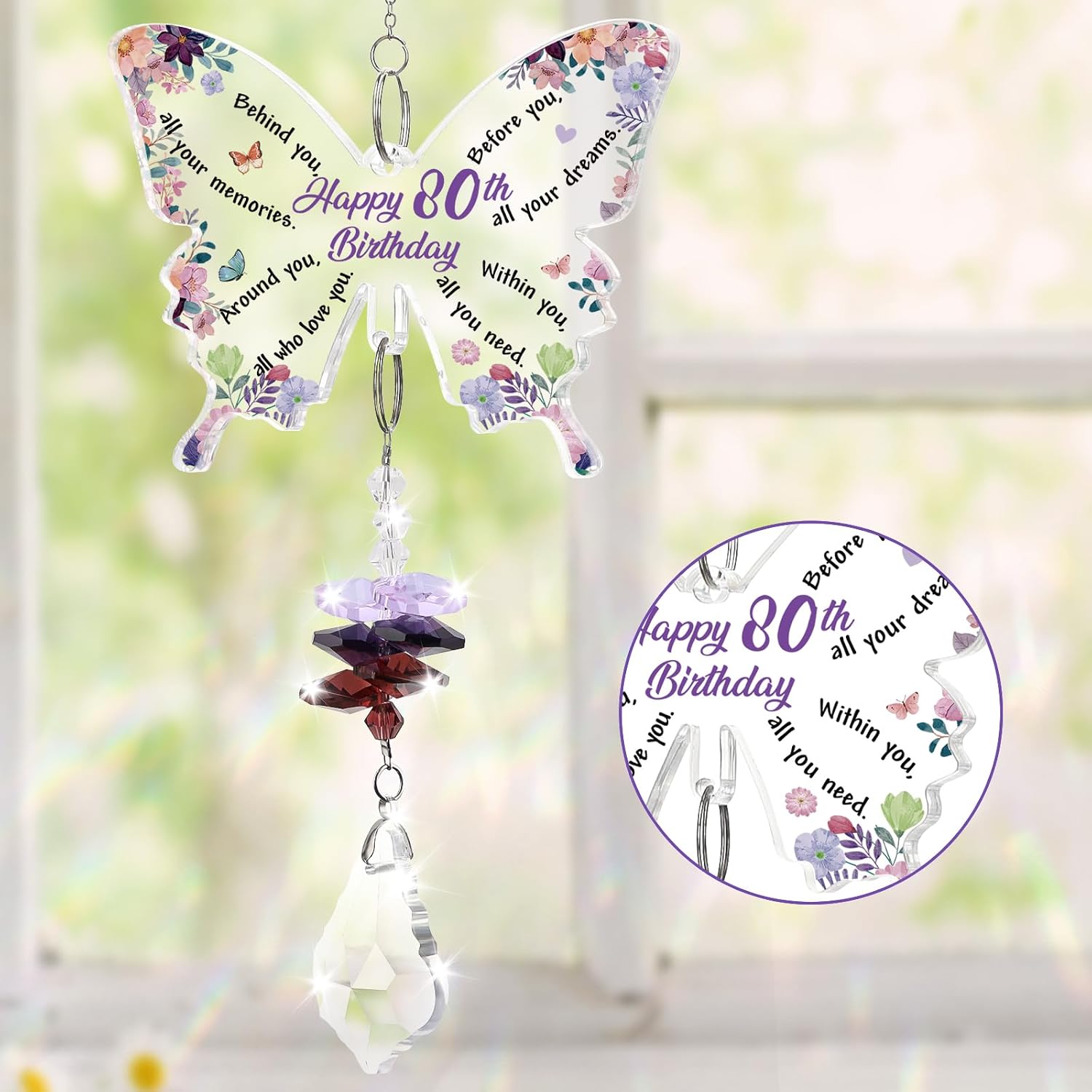 Detalle 2 de KAAYEE 80th Birthday Butterfly Crystal Suncatcher – Keepsake for Mum, Nan, Auntie or Special Friend