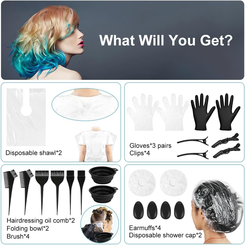 Detalle de LOPHE ensemble de coloration des cheveux 26 pièces : bols pliables, peignes, brosses, gants et accessoires